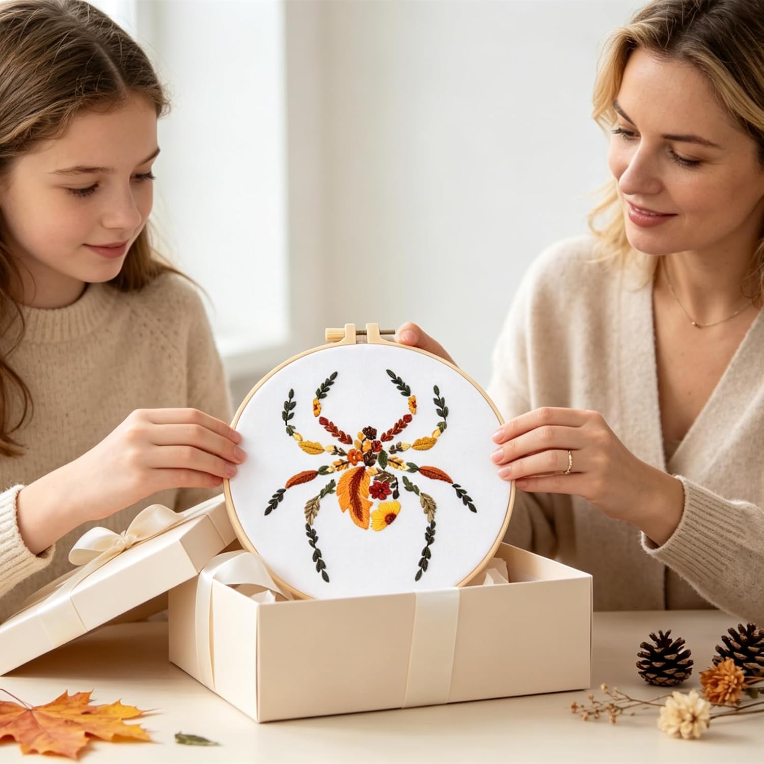 Fall Spider Embroidery Kits for Beginners Adults, Autumn Halloween Embroidery Starters Kits, Stamped Cross Stitch Kits Needlepoint Kits for Beginners Adults, Embroidery Hoop, Thread and Video Tutorial