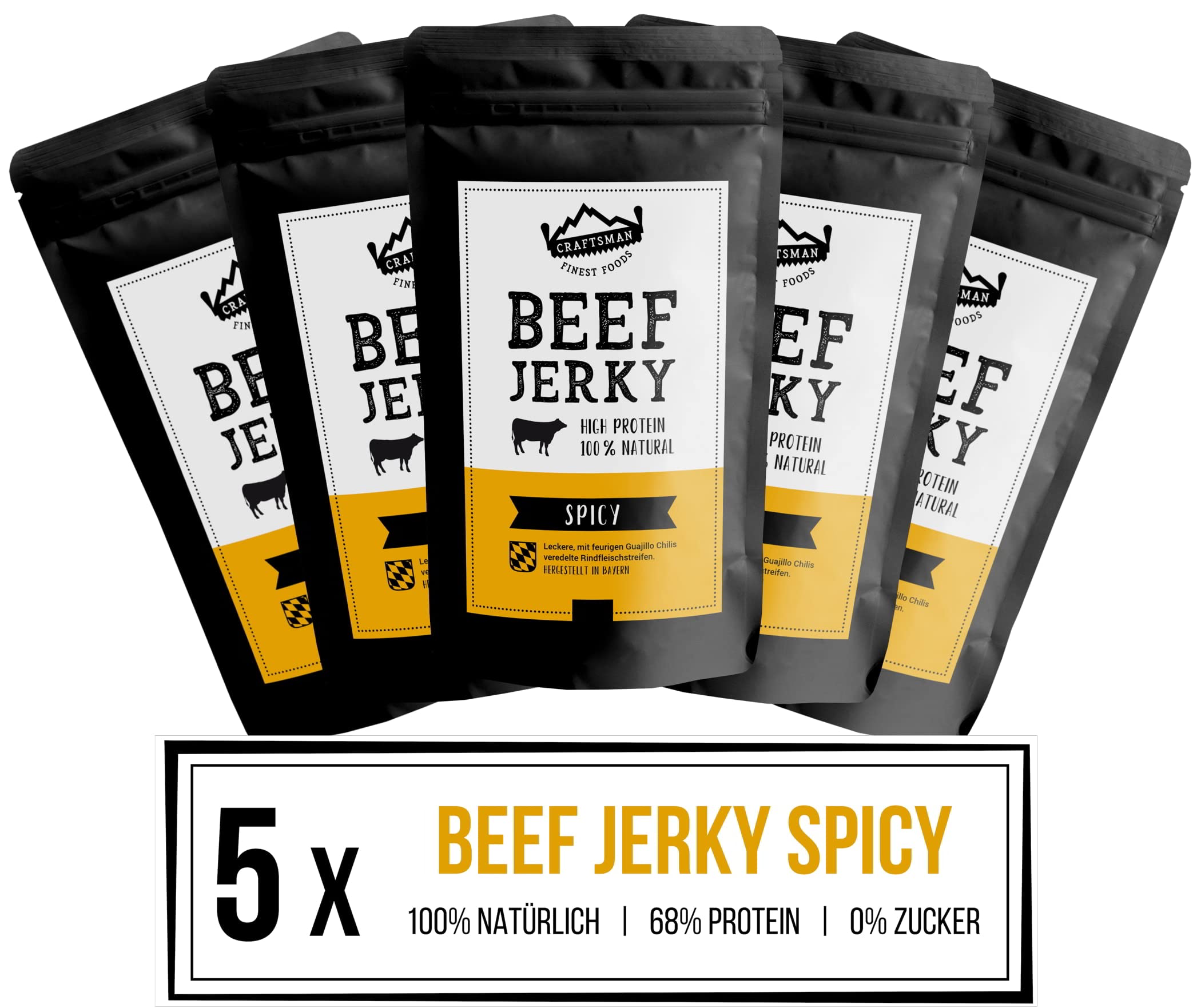 Craftsman Beef Jerky Spicy | Trockenfleisch aus Deutschland - Bayern | Set 5 x 100g = 500g | 100% natürlich ohne Zucker | 100% Rind | High Protein 68% | Dörrfleisch Chili Scharf