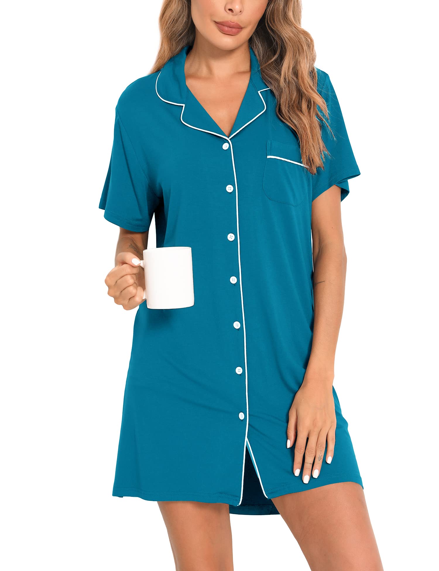 SWOMOG Women's Button Down Nightgown Short Sleeve Nightshirt Notch Collar Sleepwear Pajama Dress