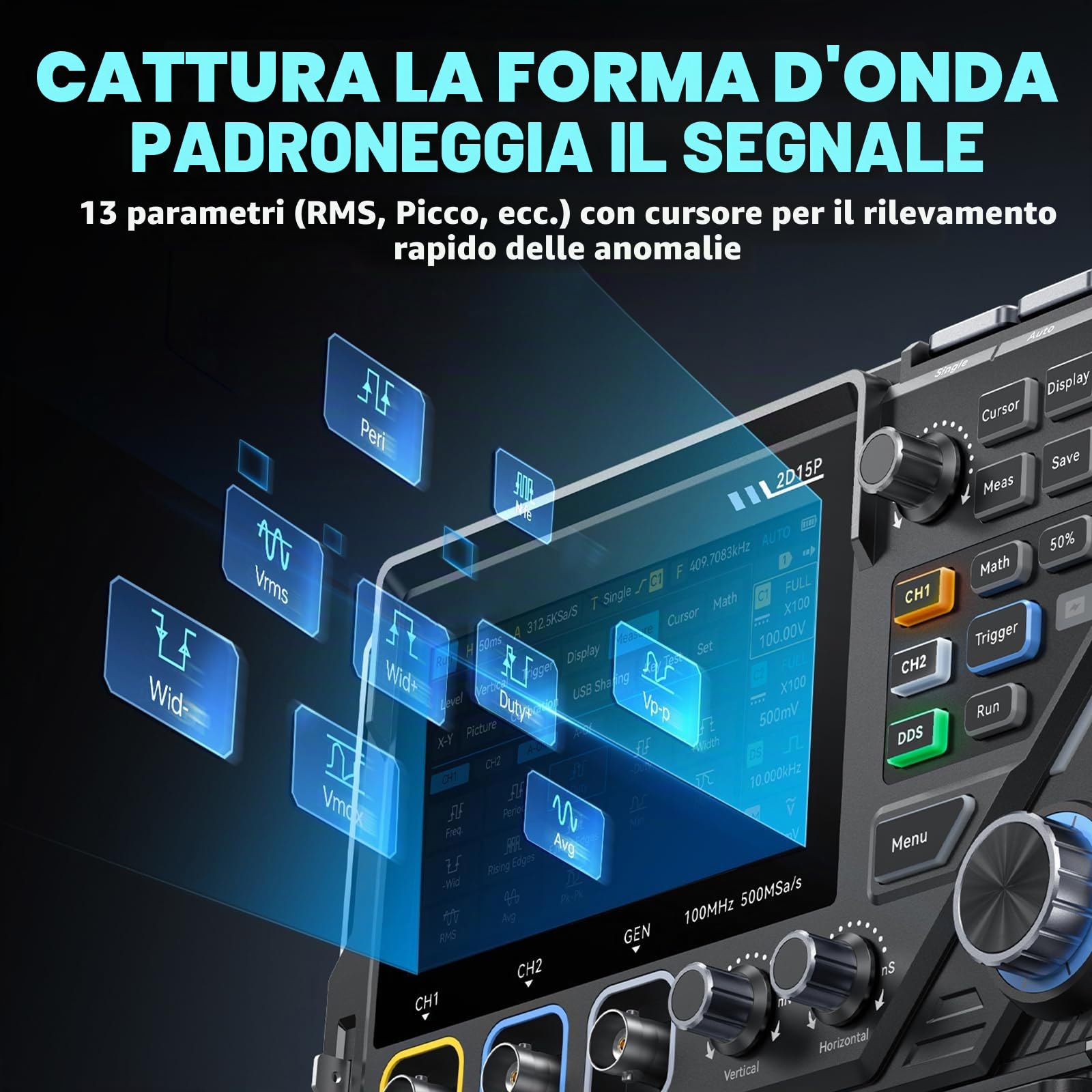 2D15P Oscilloscopio, 100 MHz Digitale Oscilloscopio Multimetro, Oscilloscopio Portatile 2 canali 3 in, 19.999 TRMS, Oscilloscopio Palmare di precisione 500 MSPS, Tester Oscilloscopio con touch screen