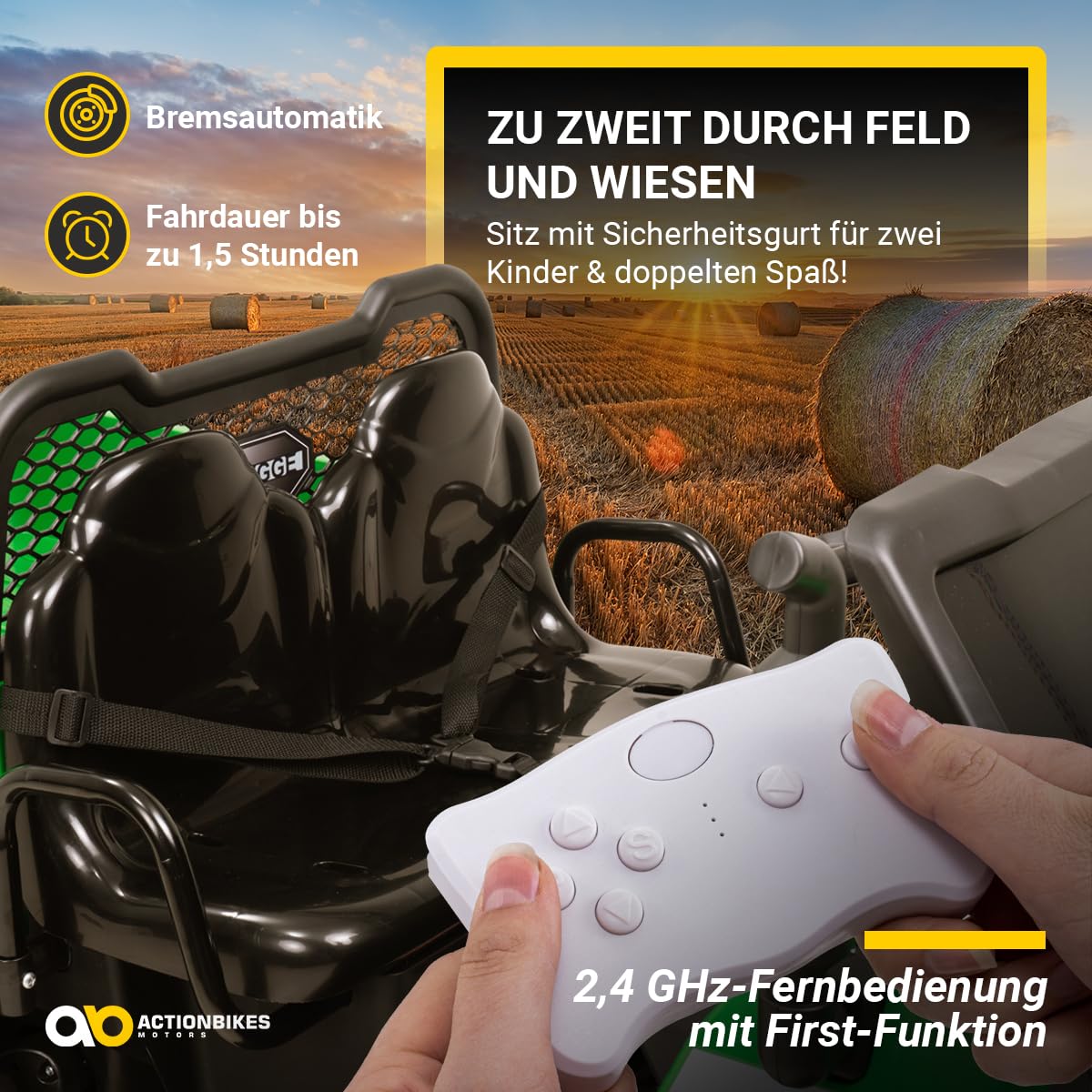 Actionbikes Motors Kinder Elektroauto UTV A730 | Fernbedienung mit First Funktion - 4-Rad Antrieb - Kinderauto elektrisch - Elektrofahrzeuge - Elektro Auto für Kinder ab 3 Jahre (Grün/Gelb)