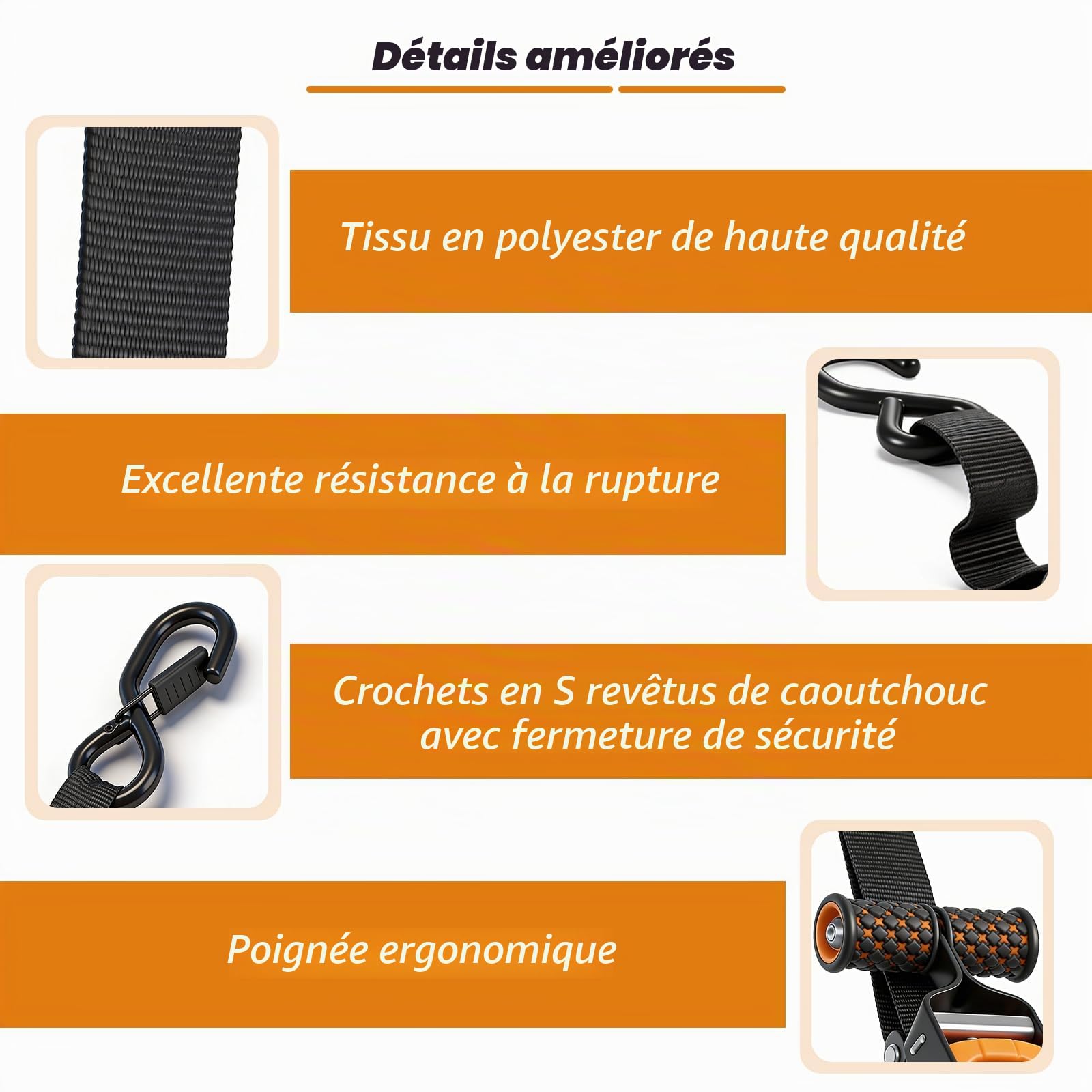 Sangles Auto-enroulantes 2 pièces, Sangles automatiques, 3 m x 25 mm, automatiques avec Crochets en S, résistance à la Rupture de 680 kg, cliquet automatiques pour camions, Motos