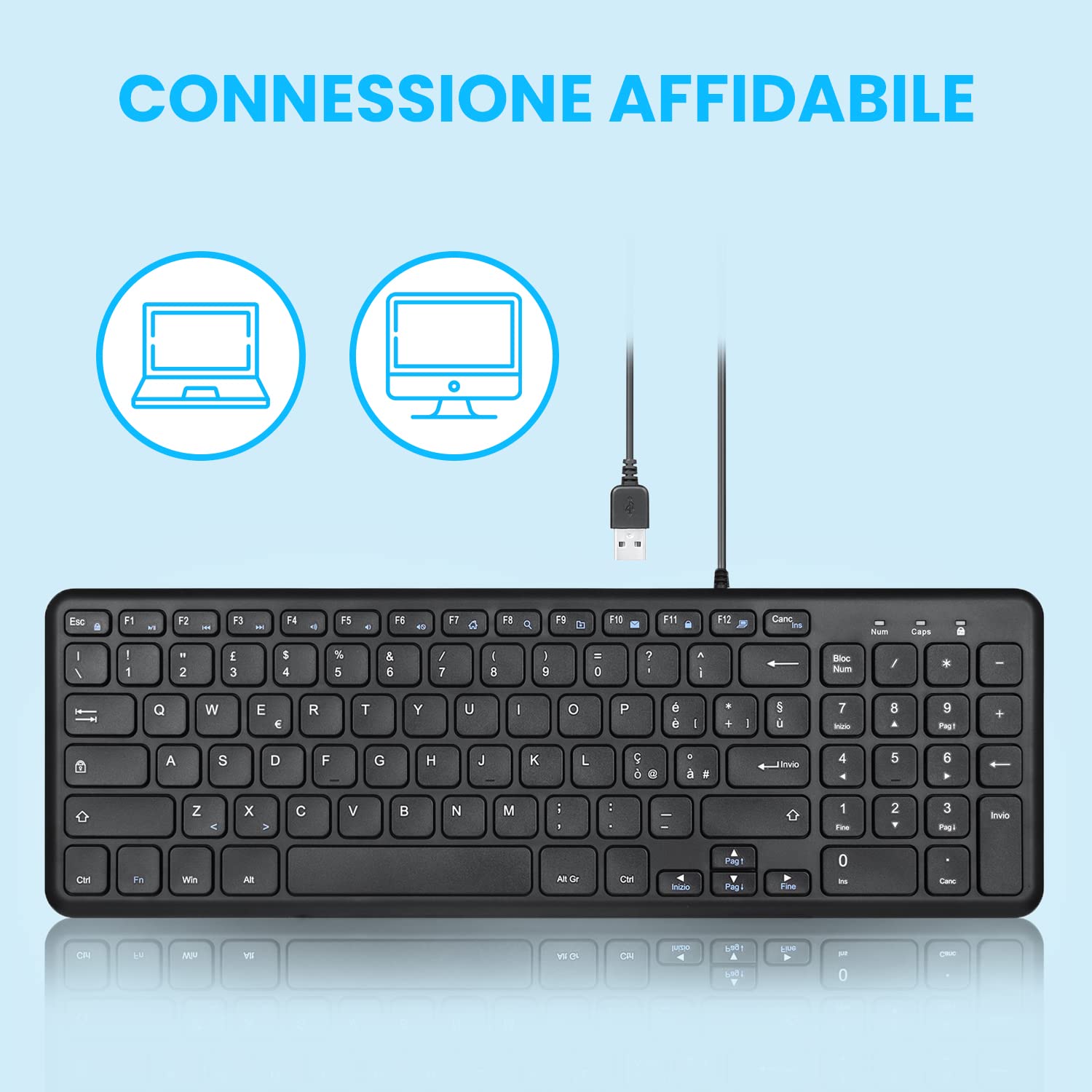 Perixx PERIBOARD-213B - Tastiera USB compatta cablata con tastierino numerico - Tasti silenziosi a basso profilo - Interruttori a forbice - Tasti multimediali - Layout italiano - Nero
