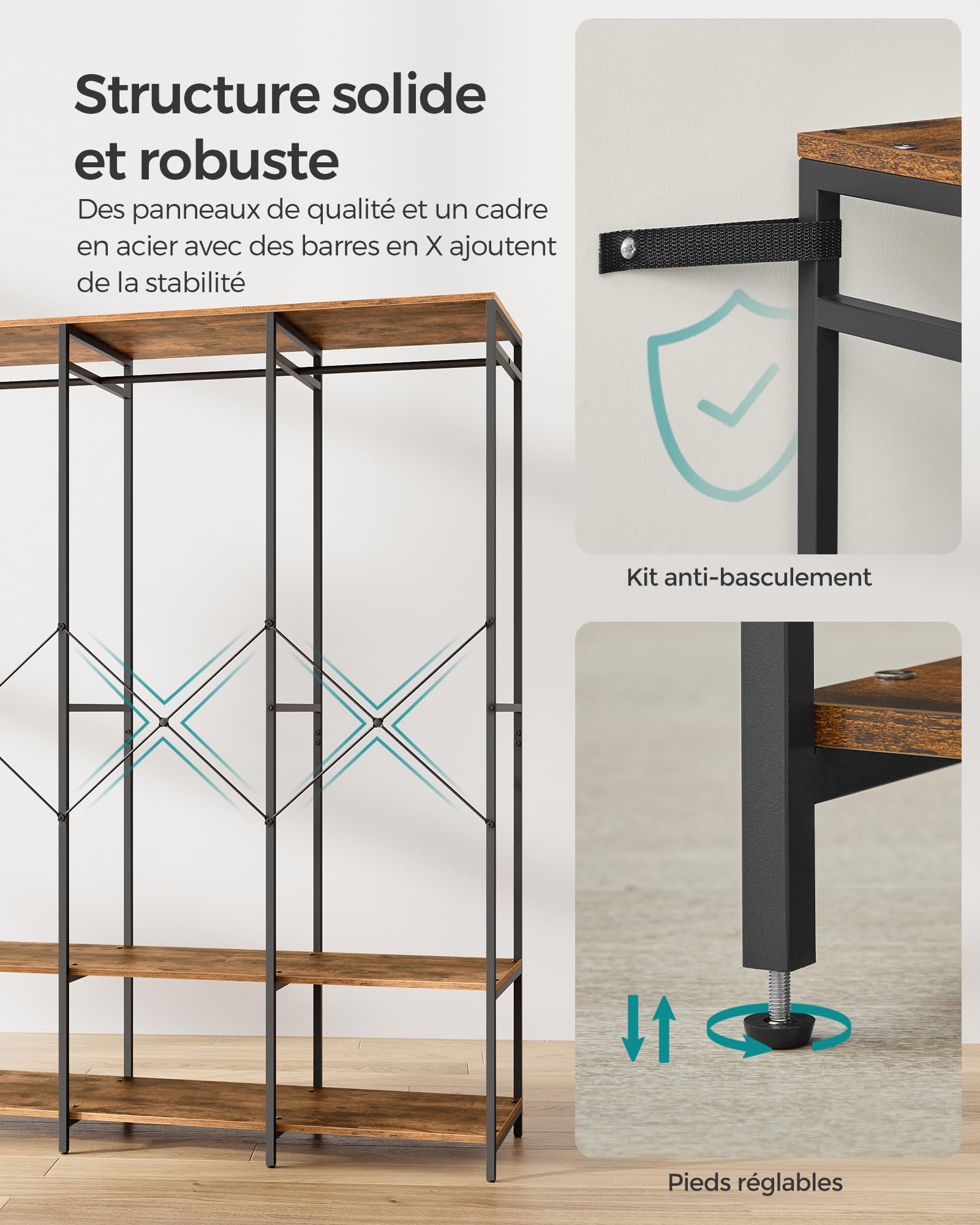 SONGMICS Armoire Vêtements Portable, Penderie Métal Pliable, Étagères de Rangement avec Tringle, Crochet Amovible, 40 x 141 x 180 cm, Marron Rustique RGR005B01