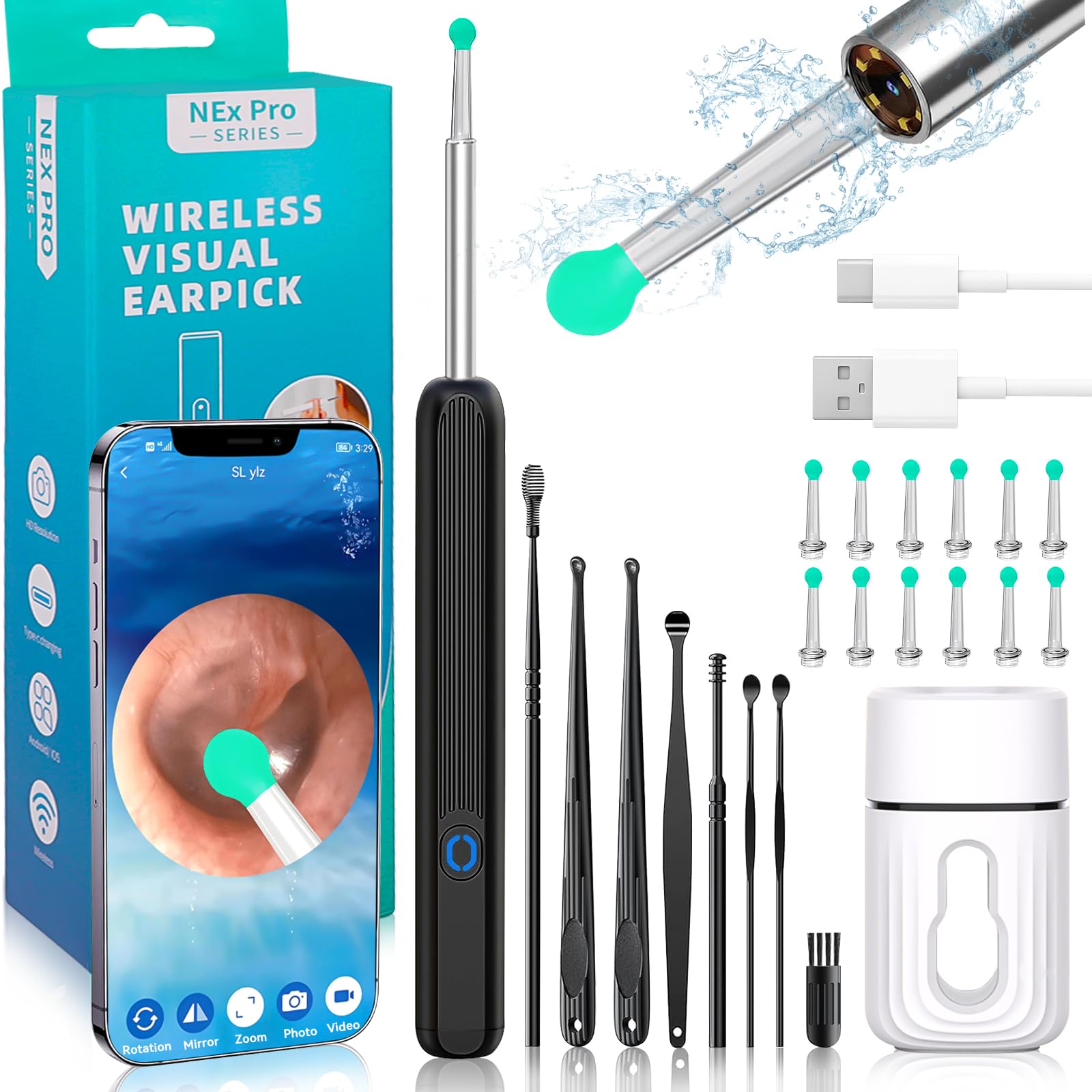 Endoskop uszny, WiFi, endoskop, otoskop, 1080P, IP67, wodoodporna kamera uszna HD z 6 diodami LED, otoskop, kompatybilna z ios i Androidem, dla iPhone, Android, iPad, dorosłych, dzieci, z