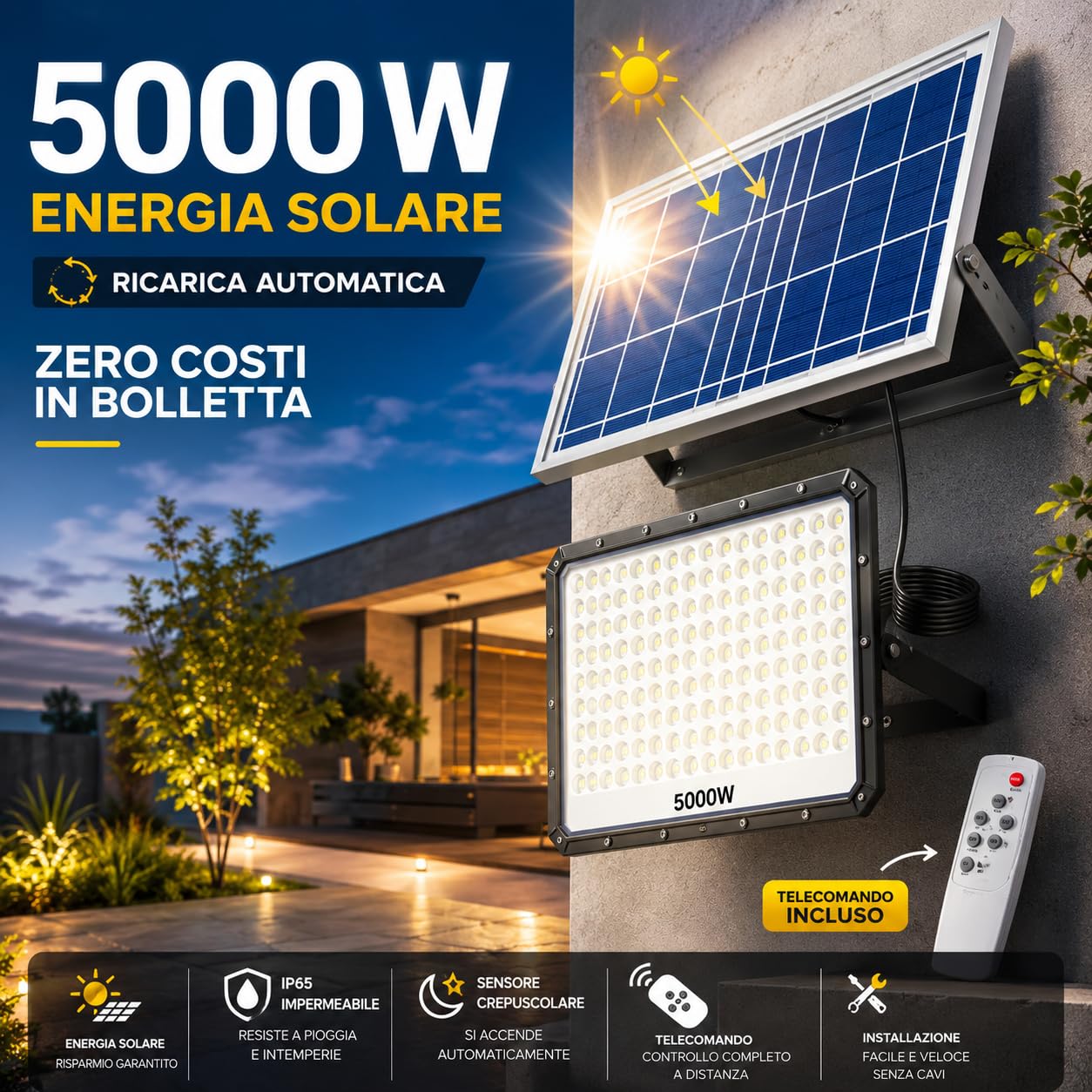 Faro Solare LED Esterno 5000W, 320 LED ad Alta Luminosità, IP66 Impermeabile, Luce Bianca Fredda 6500K, Telecomando, Autonomia fino a 12 Ore, Illuminazione per Giardino, Garage, Cortile e Terrazzo