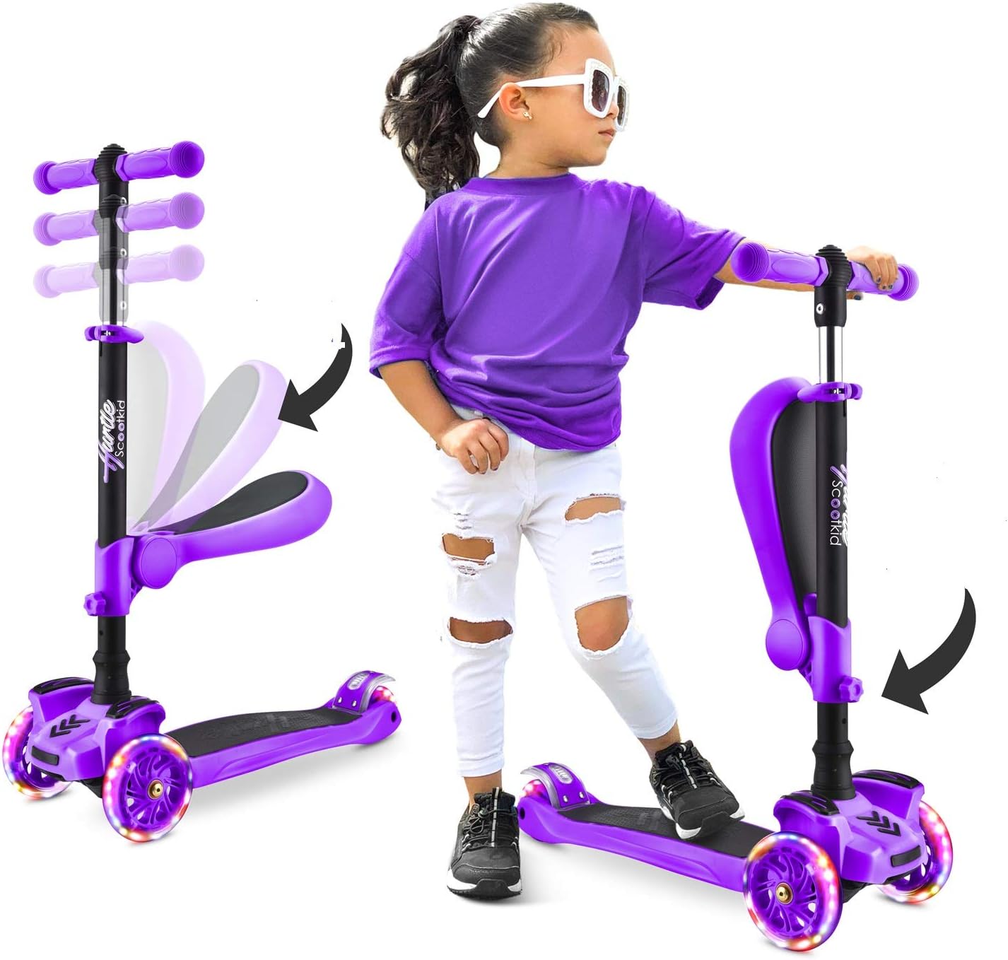Hurtle 3-Wheeled Scooter for Kids - Wheel LED Lights, Adjustable Lean-to-Steer Handlebar, and Foldable Seat - Sit or Stand Ride with Brake for Boys and Girls Ages 1-14 Years Old Purple