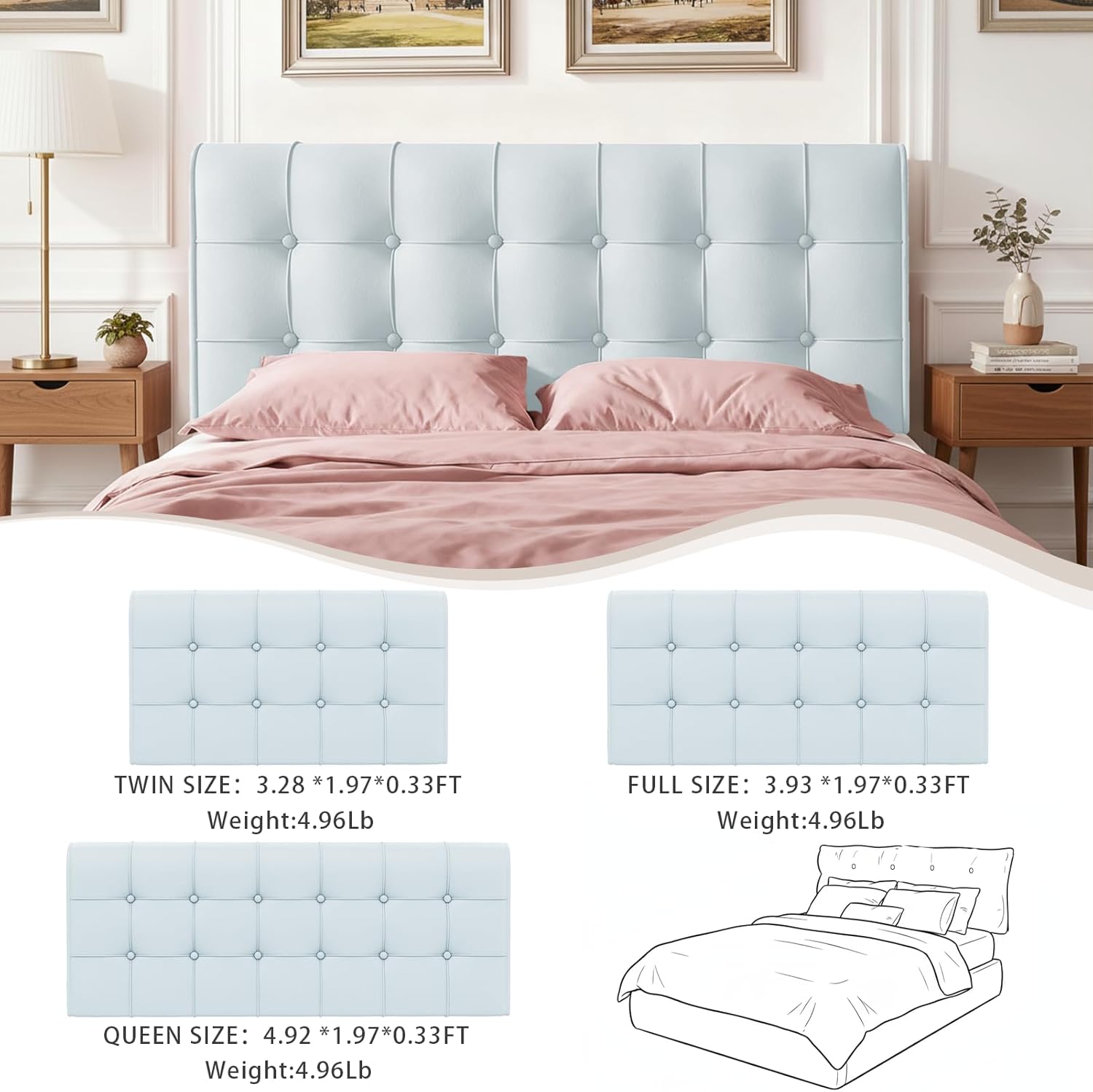 Twin Headboard, Tool-Free 60s Installation - 4" High-Density Foam Upholstered Headboard with Side Pockets, Non-Slip Linen Headboard for Dorm/Renter/Small Bedroom, Cornflower Blue