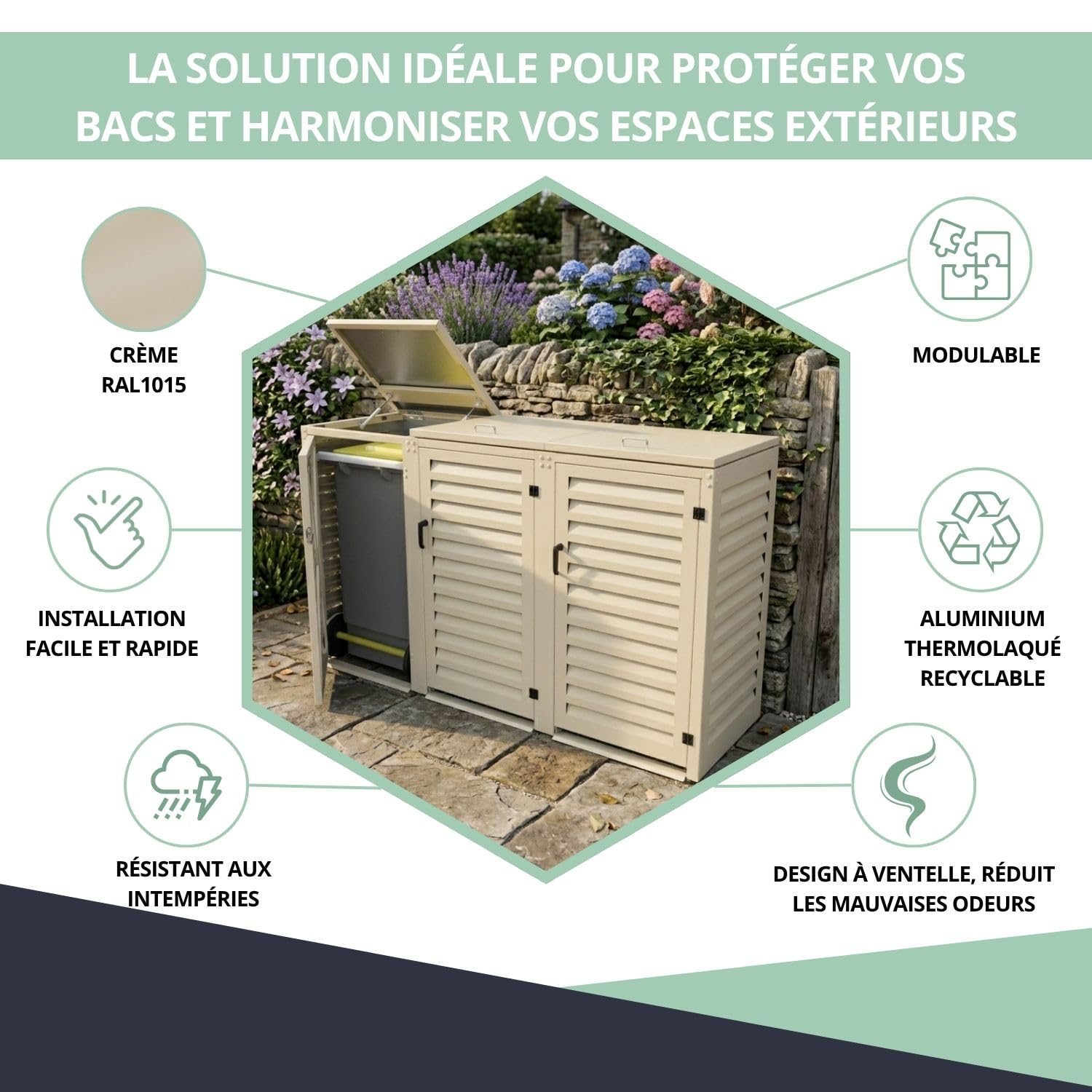 Refugio de basura exterior triple de aluminio termolacado para 3 cubos de basura de dimensiones H. 96 x L 49 x 55 cm (3 x 120 litros) | Crema RAL1015 | Calidad anticorrosión | Fabricación francesa