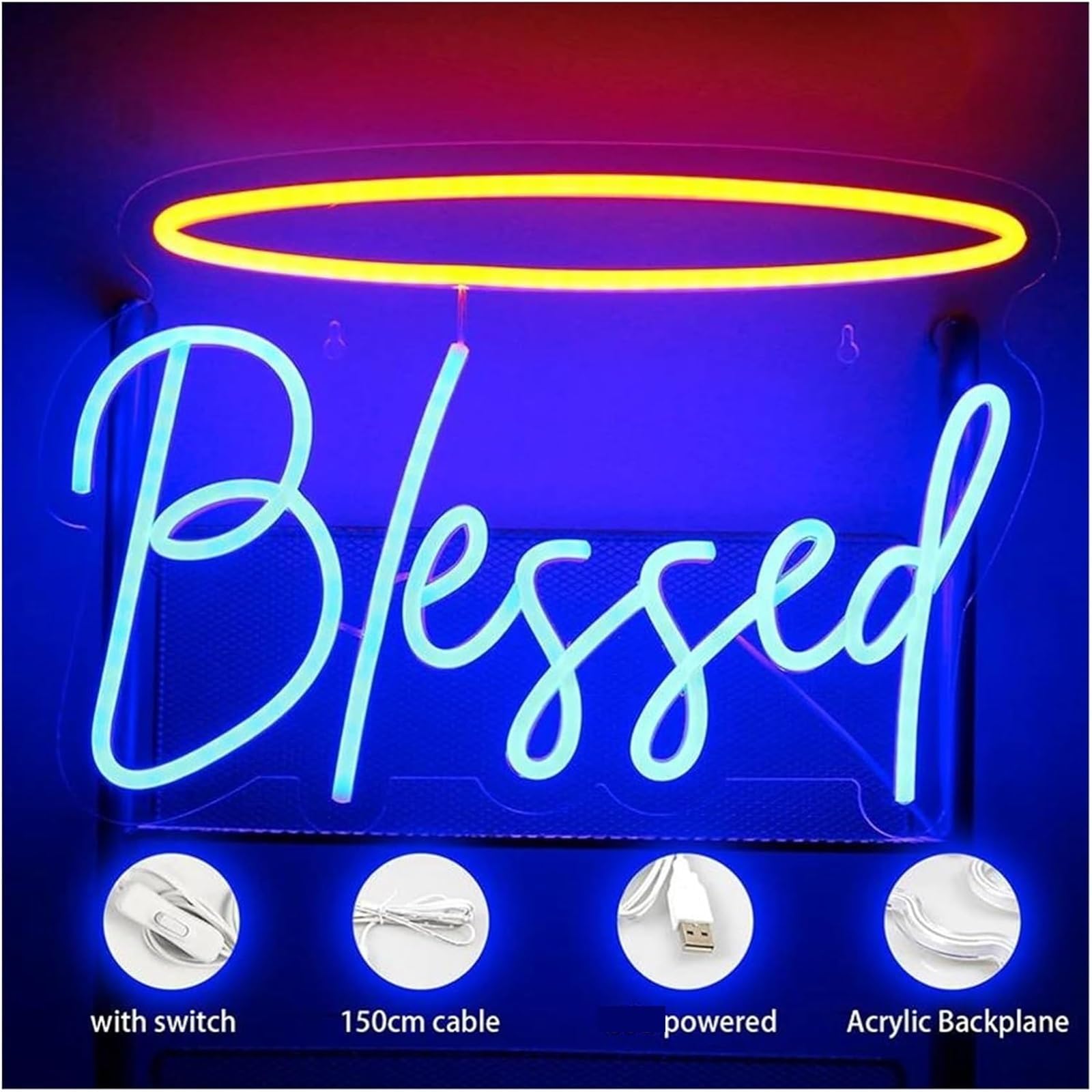 Insegna al neon con lettere colorate per interni, blu, benedetta per parete, alimentata da