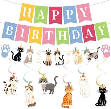 Cat Birthday Banner, Colorful Cat Themed Birthday Party Decorations, Cute Birthday Cat Banner Decorations with Cartoon Cat Face Swirls for Kids Baby Cat Birthday Decorations