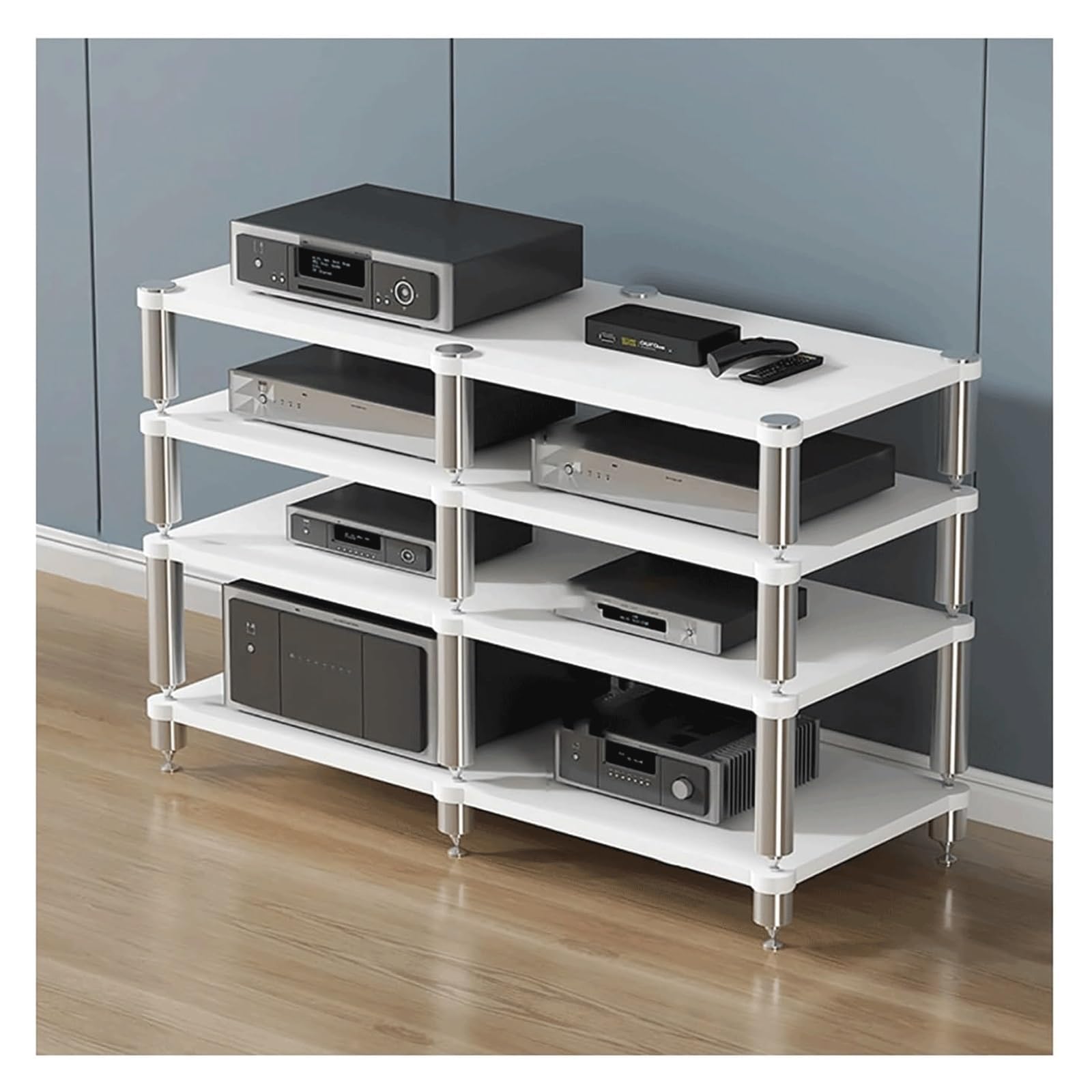 Stojaki stereo, nowoczesna wieża audio, stojak na media AV, drewniane półki piętrowe, 2-, 3- i 4-poziomowa półka audio, stojak na odtwarzacz multimedialny AV(Weiß,4 Tier)