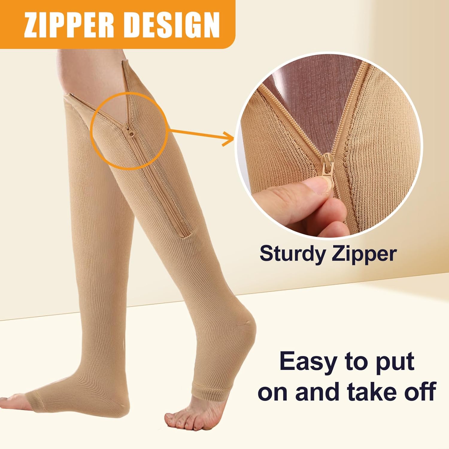 2 Pairs Zipper Compression Socks,Compression Stockings for Men and Women,15-20 mmHg Open Toe Compression Socks - Image 5