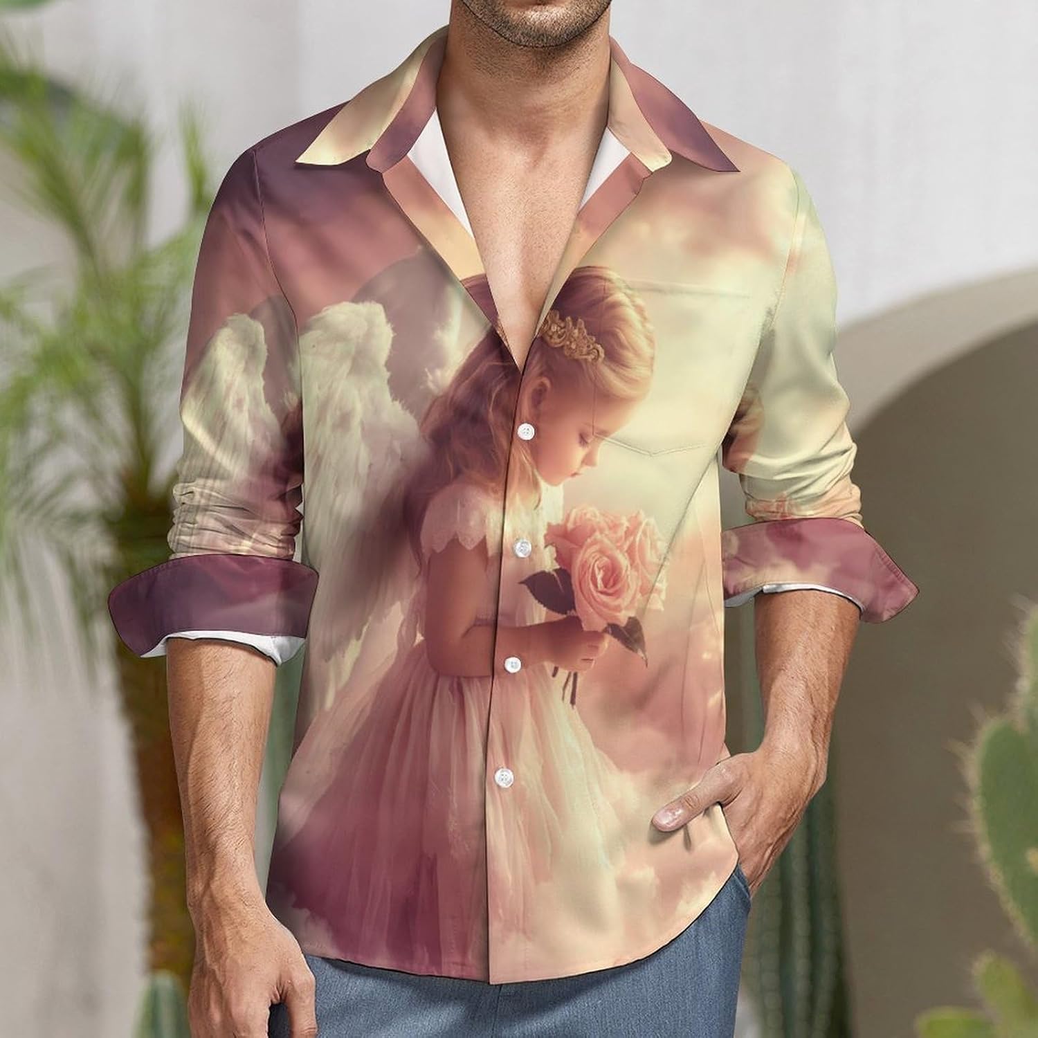 Angels-Rose Flower Long Sleeve Shirts Casual Dress Shirt Button-down T-shirts for Men