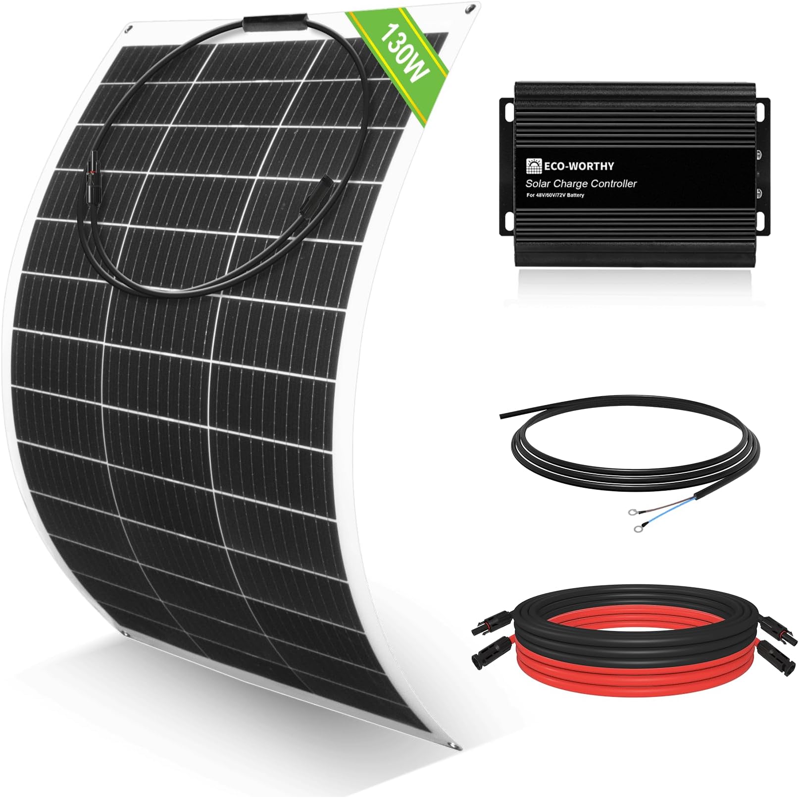 ECO-WORTHY 130W Flexible Solar Panel Kit for Golf Cart,520wh/day Generation, Charge While Driving, Extend Battery Life,Go Further:1pc 130W Solar Panel+48V/60V/72V MPPT Boost Charge Controller