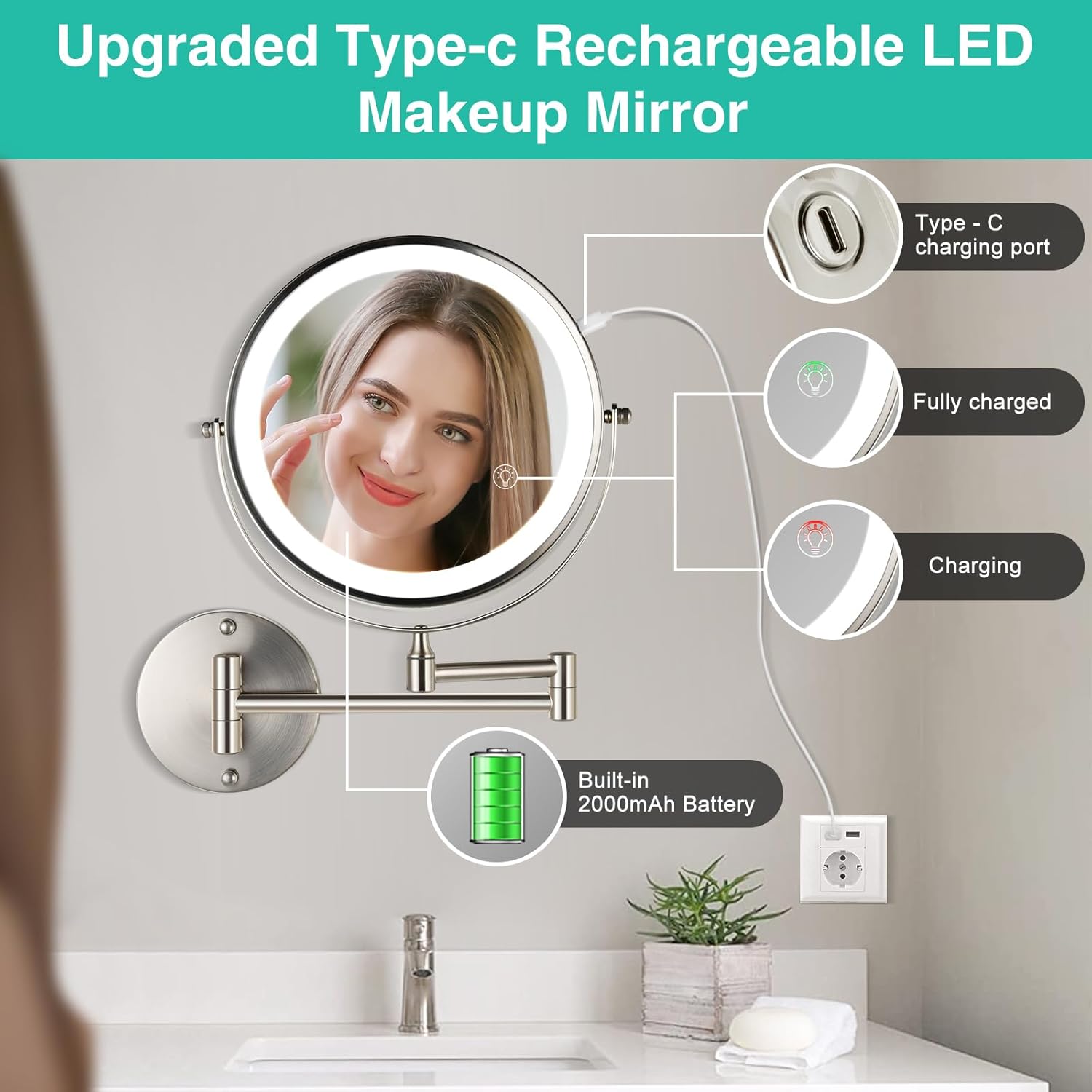 30X/1X Lighted Makeup Mirror with Magnification, 8.5inch 3000mAh Rechargeable Magnifying Mirror with Light, 3 Color Lights,Touch Dimmable,Extended Arm 360 Rotation Wall Mounted Makeup Mirror