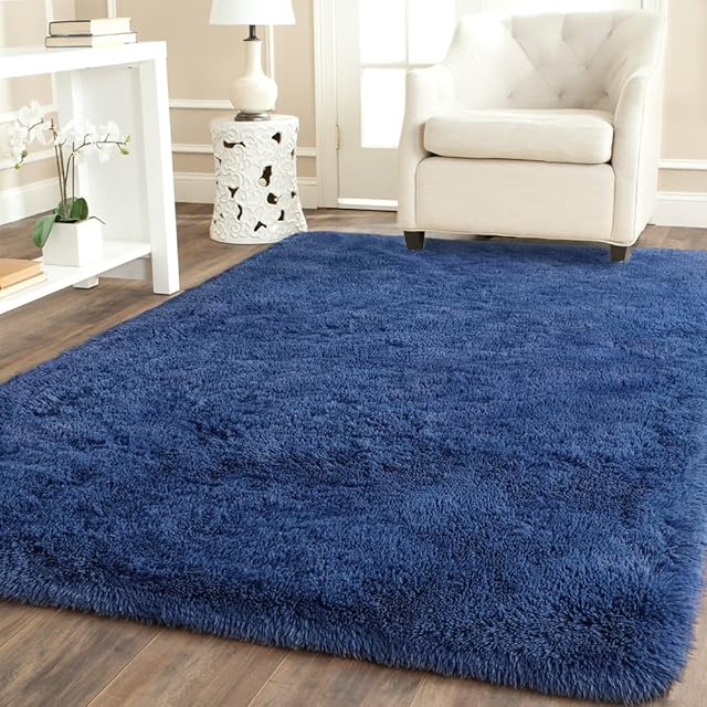 BENRON Soft Fluffy Modern Area Rugs, 4x6 Feet Shag Rug for Bedroom Living Room Decor, Plush Boys Girls Kids Room Carpets, Solid Nursery Floor Carpet, Light Navy