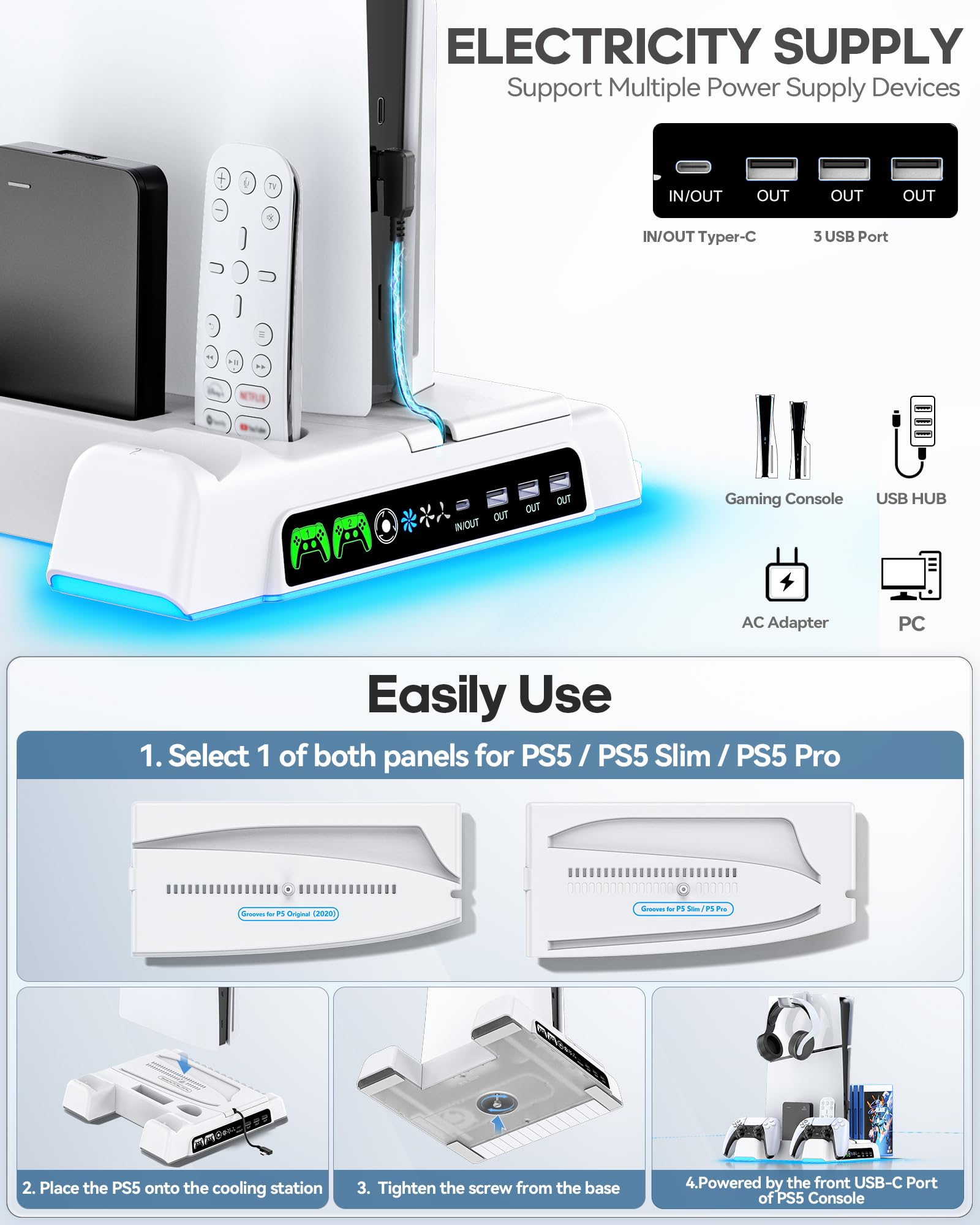 PS5 Standfuß mit Lüfter und Controller Ladestation für PS5 Konsole, LED Anzeige, USB Anschlüsse, Spiele Steckplätze