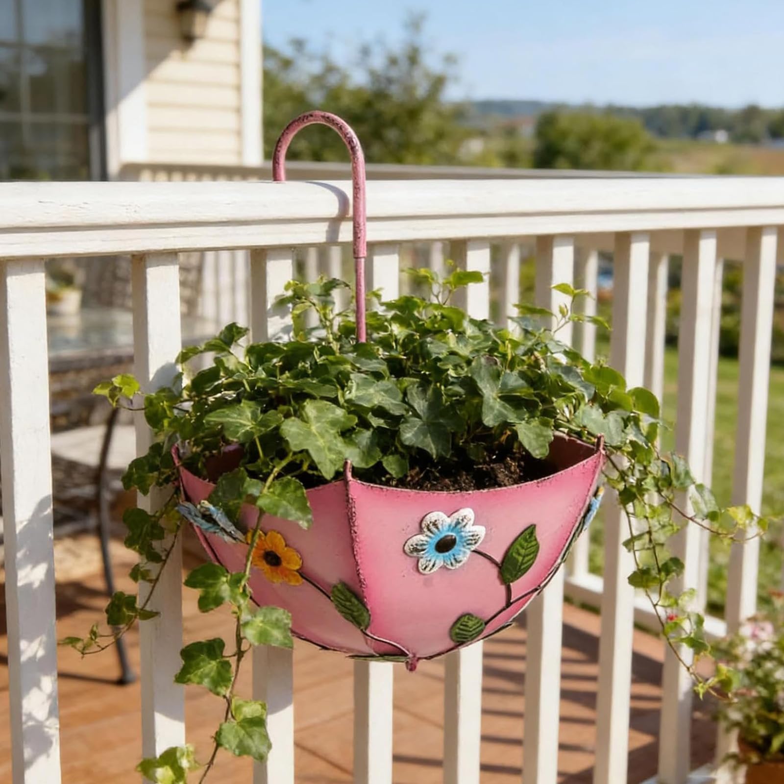 HTU Metal Umbrella Hanging Planter, Metal Plant Umbrellas Pots with Drainage Holes, No-Drill Farmhouse Umbrella Shaped Wall Hanging Planter for Flowers Indoors Outdoors Home Windows Use-Pink