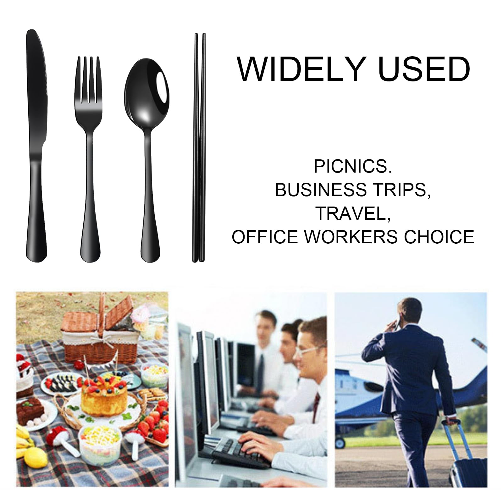 VANRA Set di posate da viaggio portatili, set di posate da 4 pezzi in acciaio inossidabile, riutilizzabili, per lavoro, pranzo, forchetta, cucchiai, coltello, bacchette