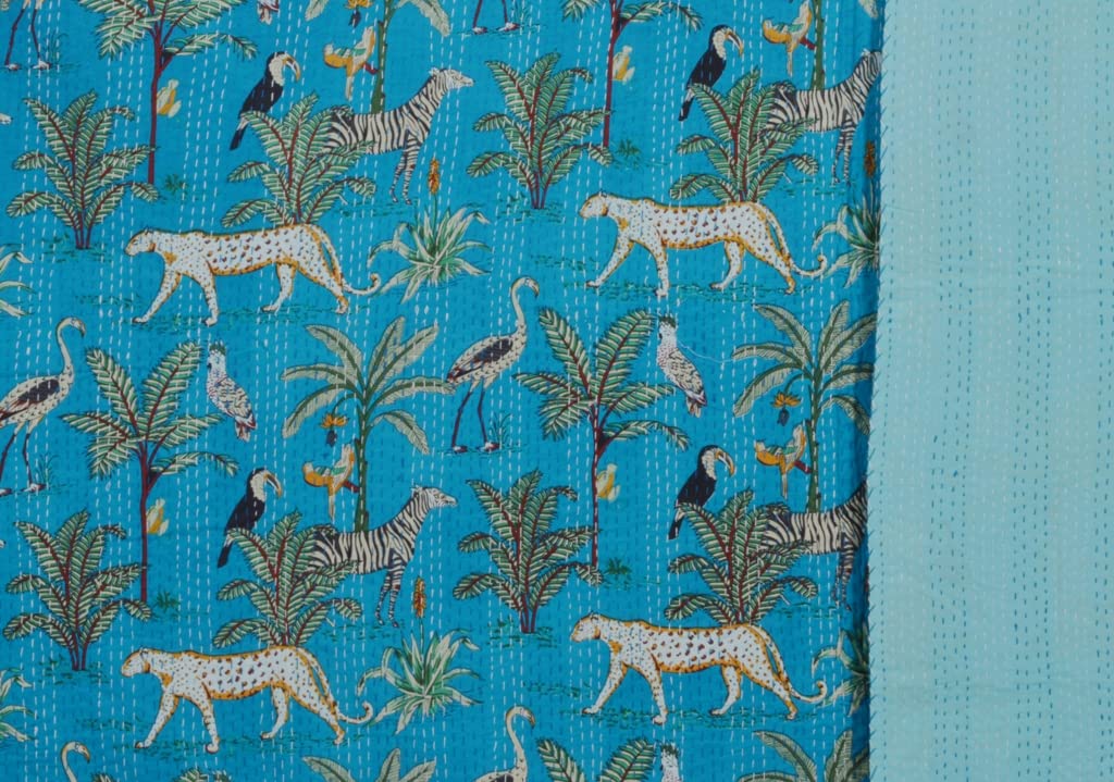 Couvre-lit Kantha 100% Coton Motif Indien Turquoise - CL14 - Neuf