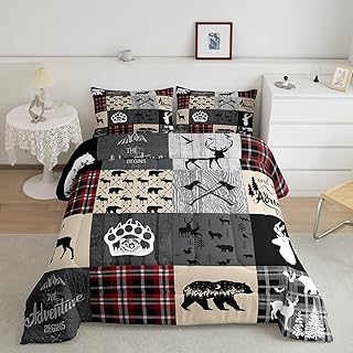 Hunting Bear Queen Bedding Sets, Rustic Deer Elk Comforter Set Country Camper Lodge Duvet Insert For Kids Boys Teens Adult Bedroom Decor, Geometric Patchwork Retro Cabin Quilt, Black Gray Red