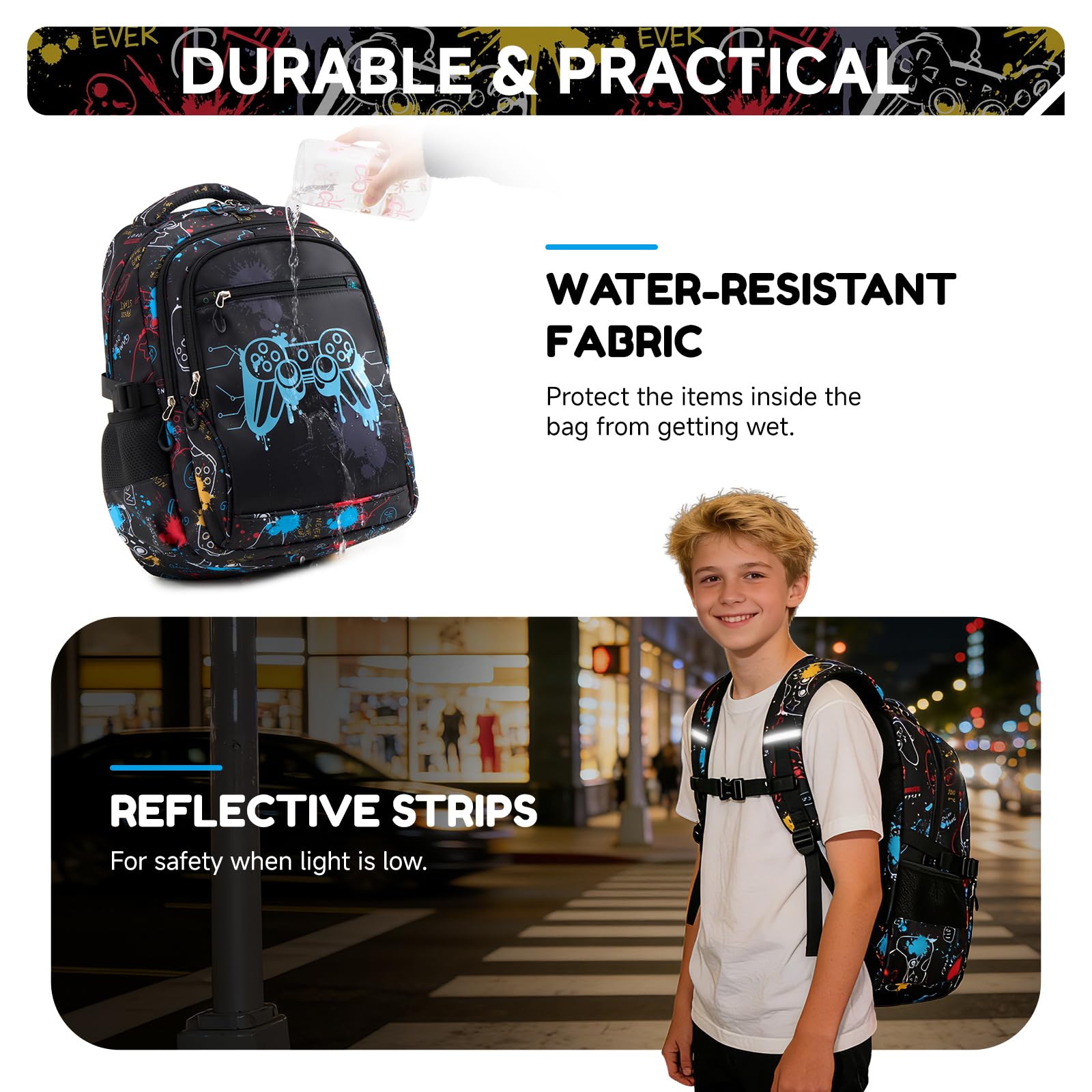 Amythe Zaino Ragazzi - Scuola Elementare e Media - Set Completo con Borsa Petto, Borza Pranzo & Astuccio – Zaino Adolescenti Grande Leggero Impermeabile per Scuola & Viaggi, Nero