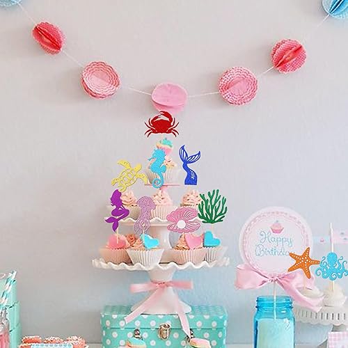 Miniatura 4 de 30 piezas de adornos de sirena para cupcakes con purpurina de estrella de mar coral cola de sirena para cupcakes, pulpo, caballito de mar, medusas,