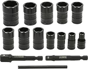 ARES 29023  15-Piece Damaged Bolt Extractor Socket Set  1/4-Inch Drive and 3/8-Inch Drive Sockets - SAE and Metric  Includes 12 Impact Grade Sockets  Turbo Socket  Made in USA