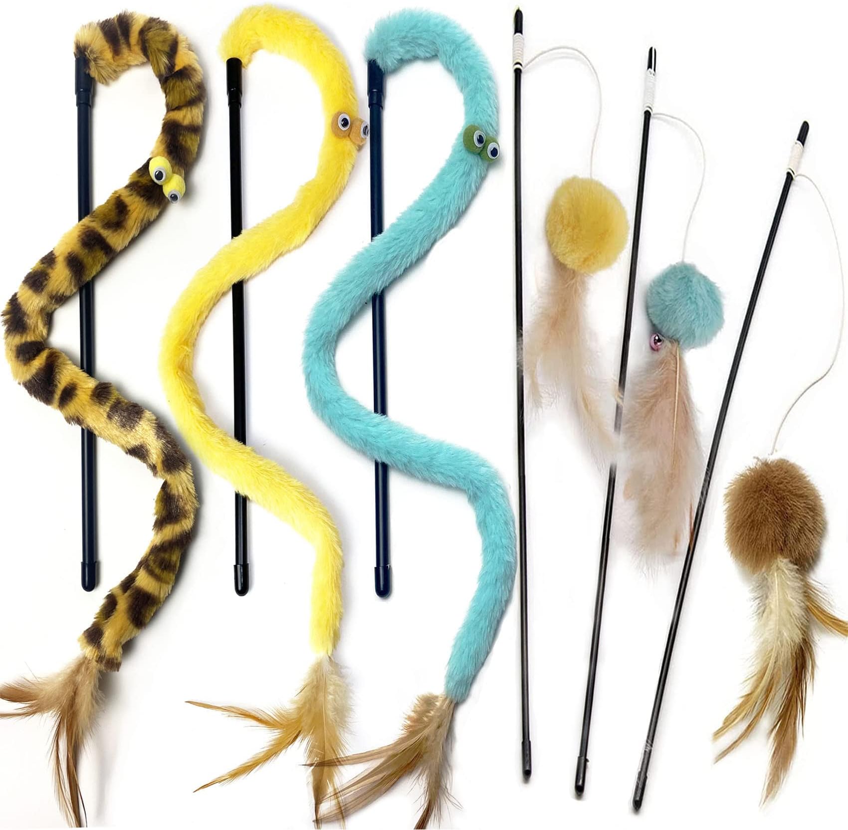 Cat Toy,Cat Feather Toys,Cat Teaser Wand and Rainbow Wand, Interactive Cat Toys for Indoor Cats Adult Kitten(6 Pack)