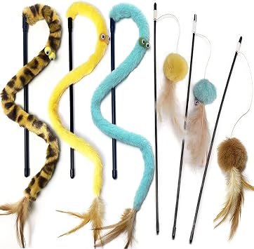 Cat Toy,Cat Feather Toys,Cat Teaser Wand and Rainbow Wand, Interactive Cat Toys for Indoor Cats Adult Kitten, 6 Pack Yellow