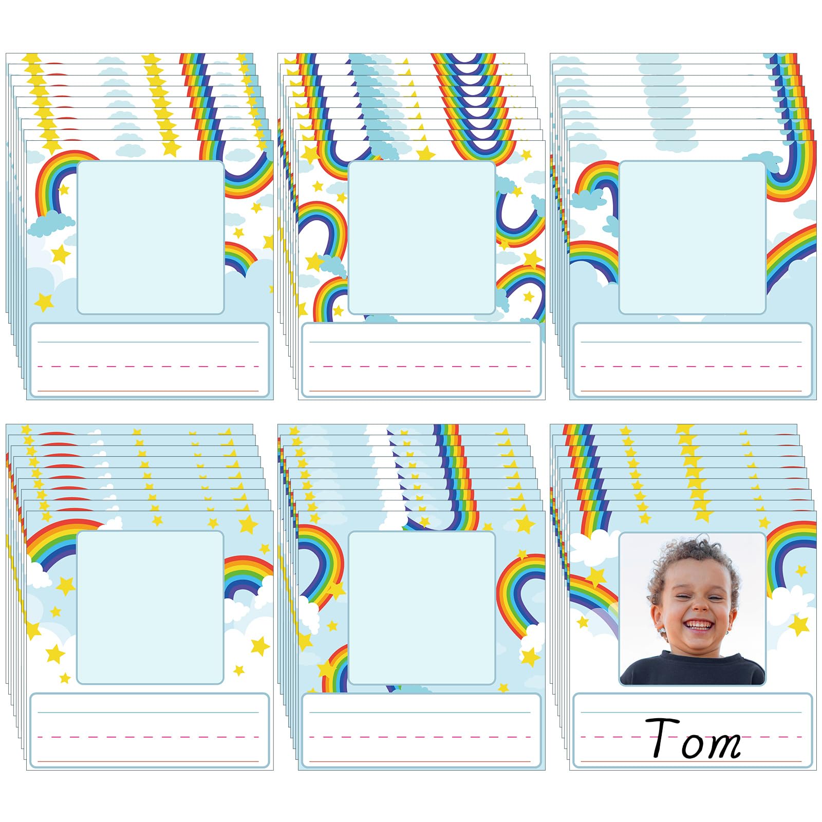 Feifeiya 48 placas de identificación con fotos para etiquetas de nombre de escritorio, etiquetas adhesivas con espacio fotográfico, tablón de anuncios, decoración colorida de interiores para cubos de