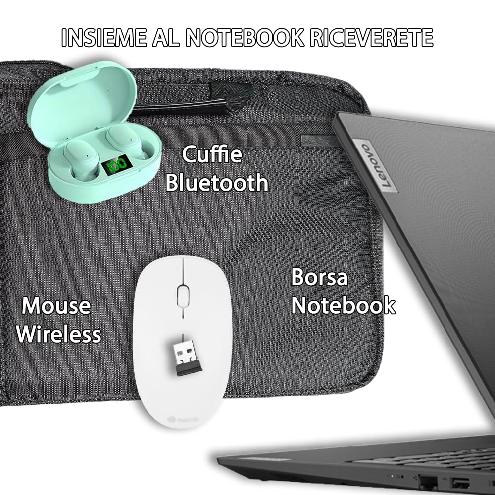 Lenovo Notebook NUOVO • CPU Intel N4500 @ 2,8ghz • Monitor 15.6" Full HD • SSD 1000GB (x2 da 512) • Ram 16GB • Sistema operativo WIN 11 e OFFICE PROFESSIONAL 365 • MOUSE WIRELESS + CUFFIETTE + BORSA