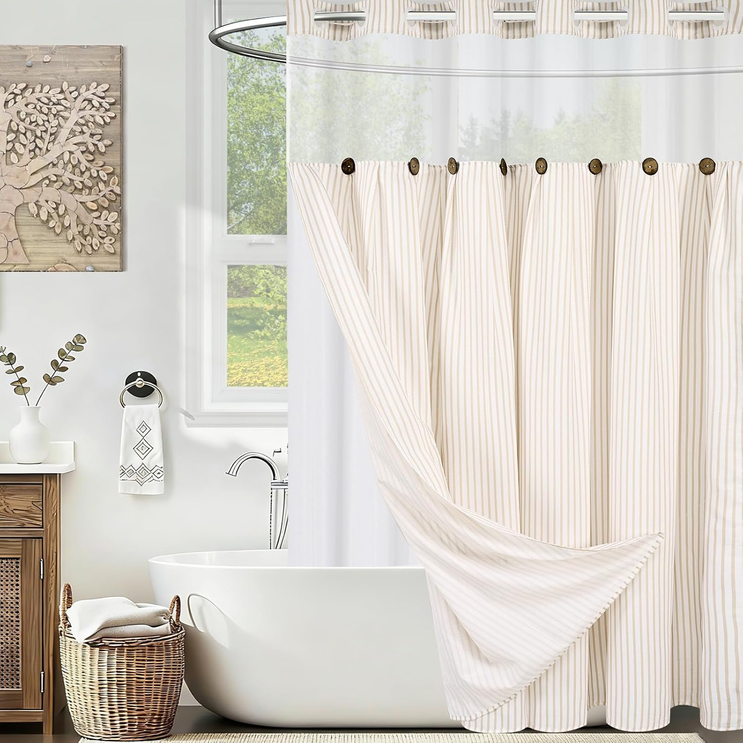ASPMIZ Farmhouse Shower Curtain Set, No Hook Shower Curtain with Snap in Liner Fabric, Boho Washable Waterproof Bathroom Curtains Rustic Country, Mesh Top Window, Beige Striped, 71"x 86"