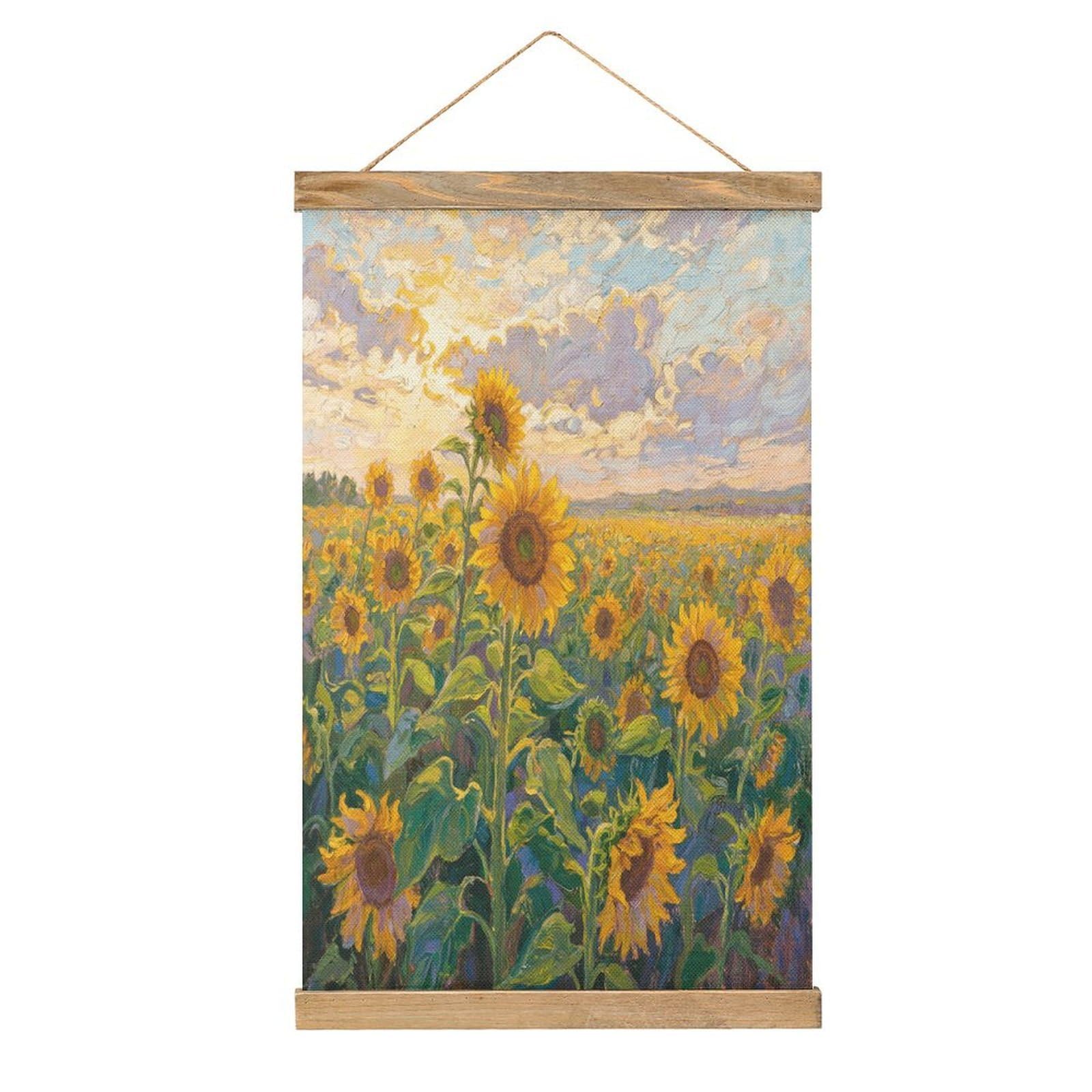 VstaDank Sunflower Field Hanging Poster with Wooden Frame Modern Linen Hanging Painting Retro Style Wall Decor Art Painting for Living Room,Bedroom Decor Poster Frame 20.4x13.1inch