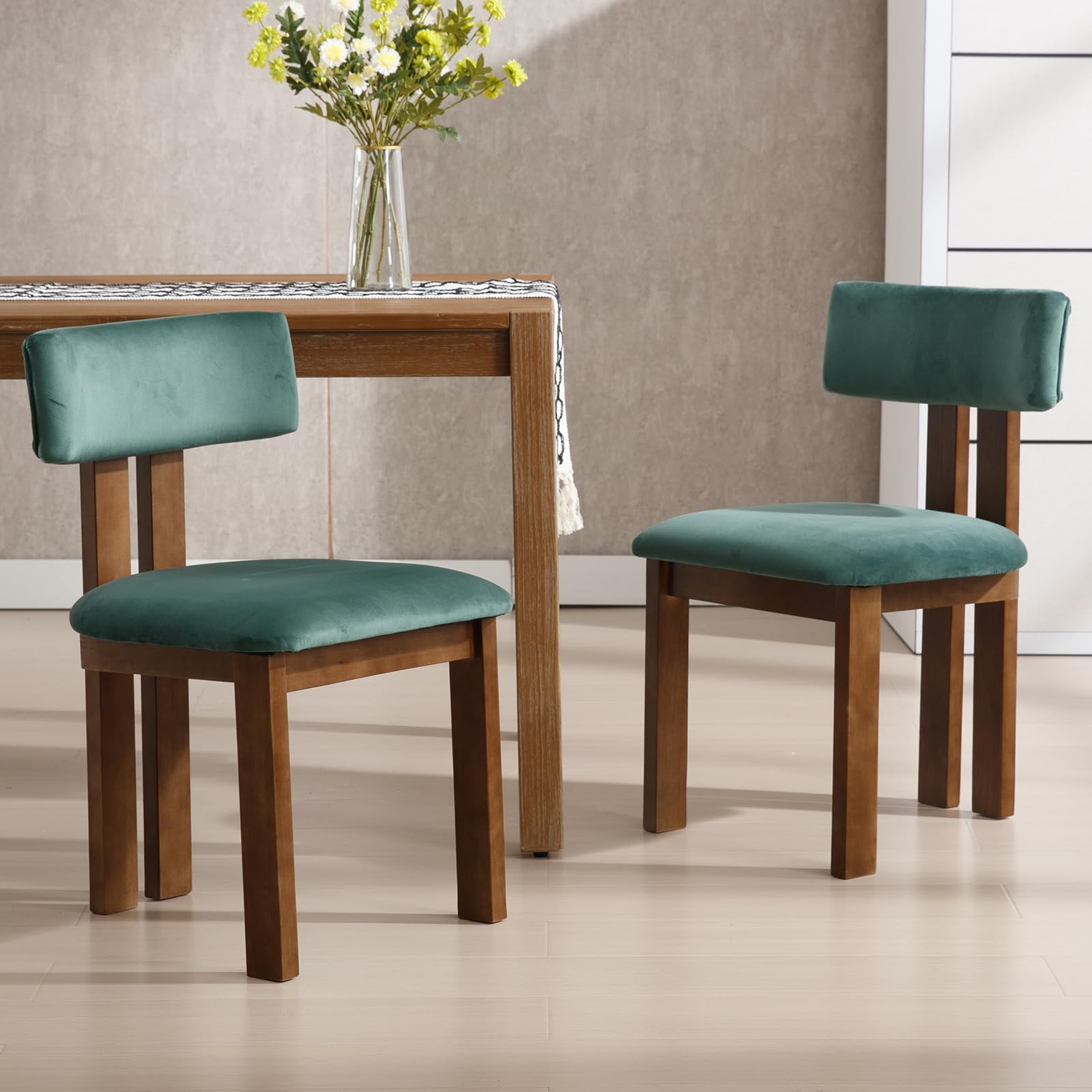 Kmax Farmhouse Dining Chair Set of 2, Velvet Kitchen Chair Curved Back Armless Dining Room Chairs with Walnut Wood Legs for Family Diner, Teal