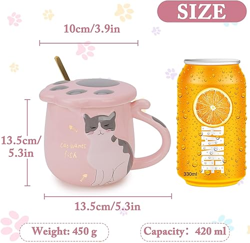 Miniatura 2 de Kitchenexus Bonita taza de café con diseño de gato, taza de té de leche de cerámica con bonita tapa de gatito y cuchara de acero inoxidable para