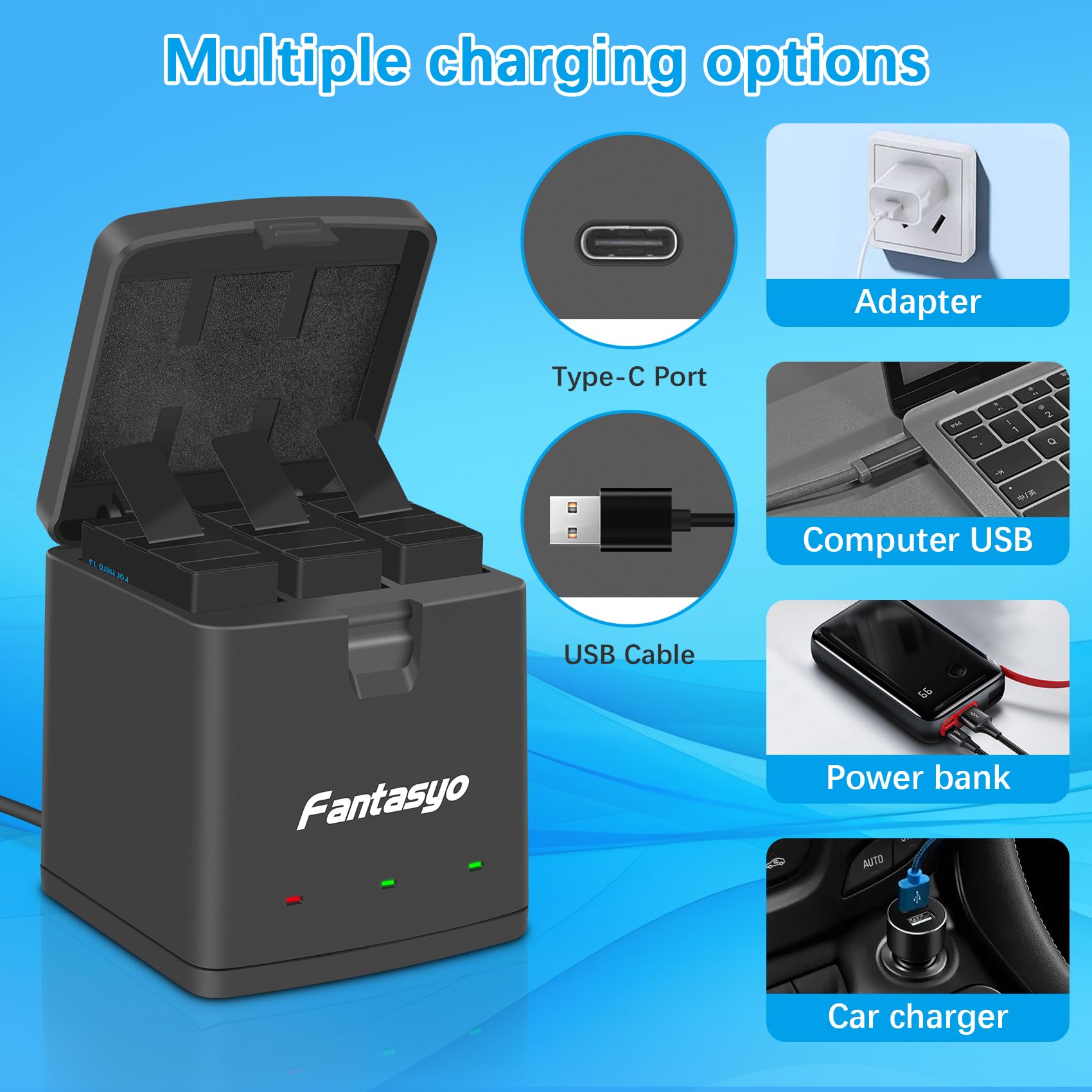 Fantasyo Batterie di ricambio da 2100 mAh (confezione da 2) per GoPro Hero 13 Black e caricatore rapido a 3 canali, completamente compatibili con batteria e caricabatterie GoPro Hero 13