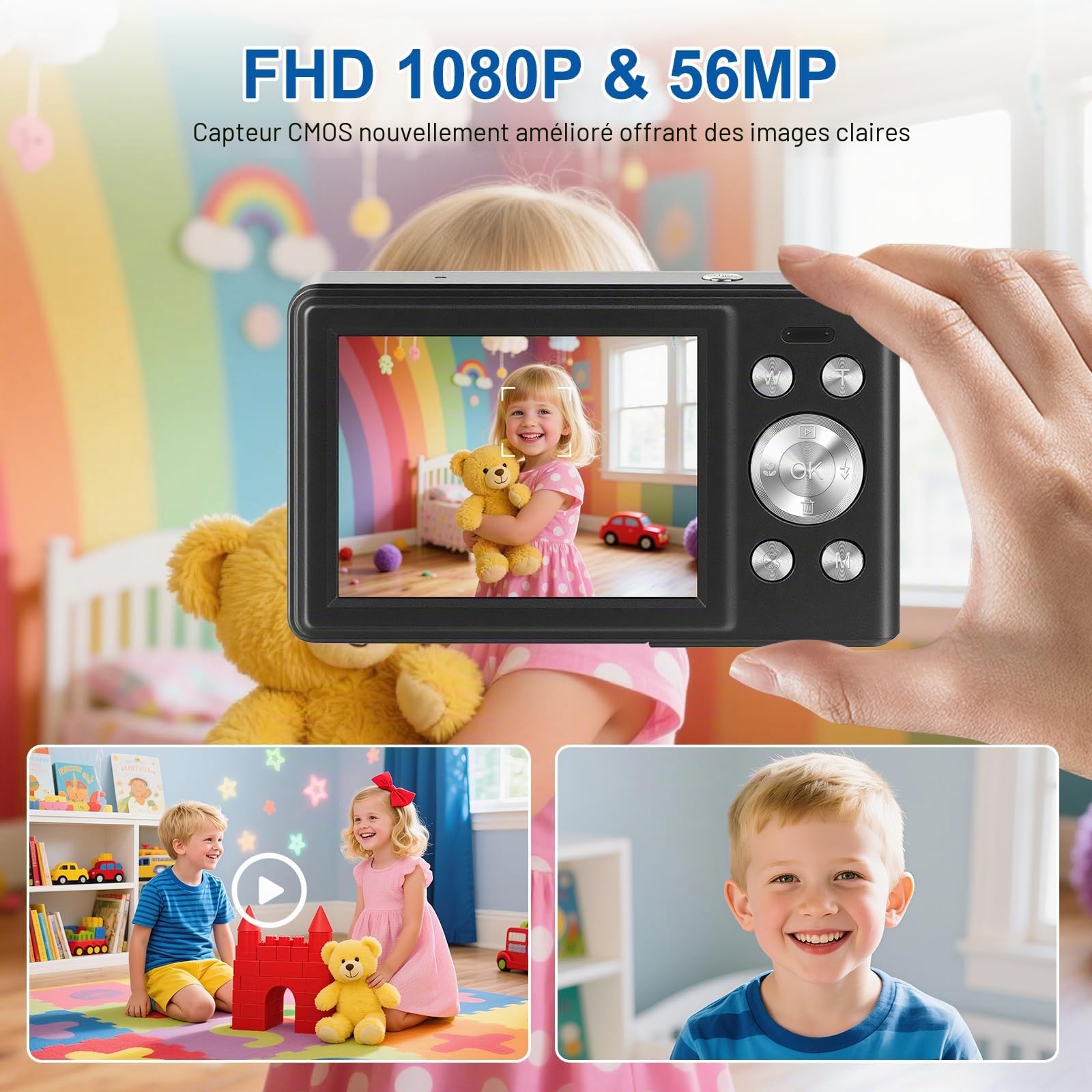 Appareil Photo Numérique 56MP 1080P FHD avec Autofocus, Zoom Numérique 16X, Écran LCD 2,8", Carte SD 32GB & 2 Batteries - Compact et Léger Idéal pour Enfants, Débutants et Voyages (Noir-1)