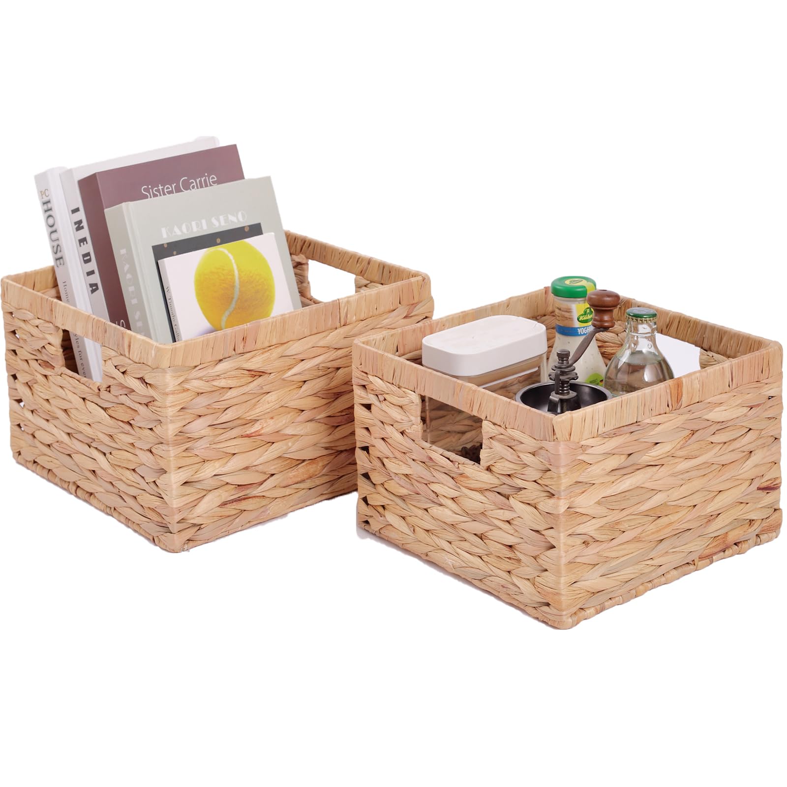Photo 1 of PIUNYXO Water Hyacinth Storage Baskets, Set of 2 Nesting Wicker Baskets with Built-In Handles for Shelves, Pantry, Toys and Home Organization, Natural, 11.8 and 10.24 Inch