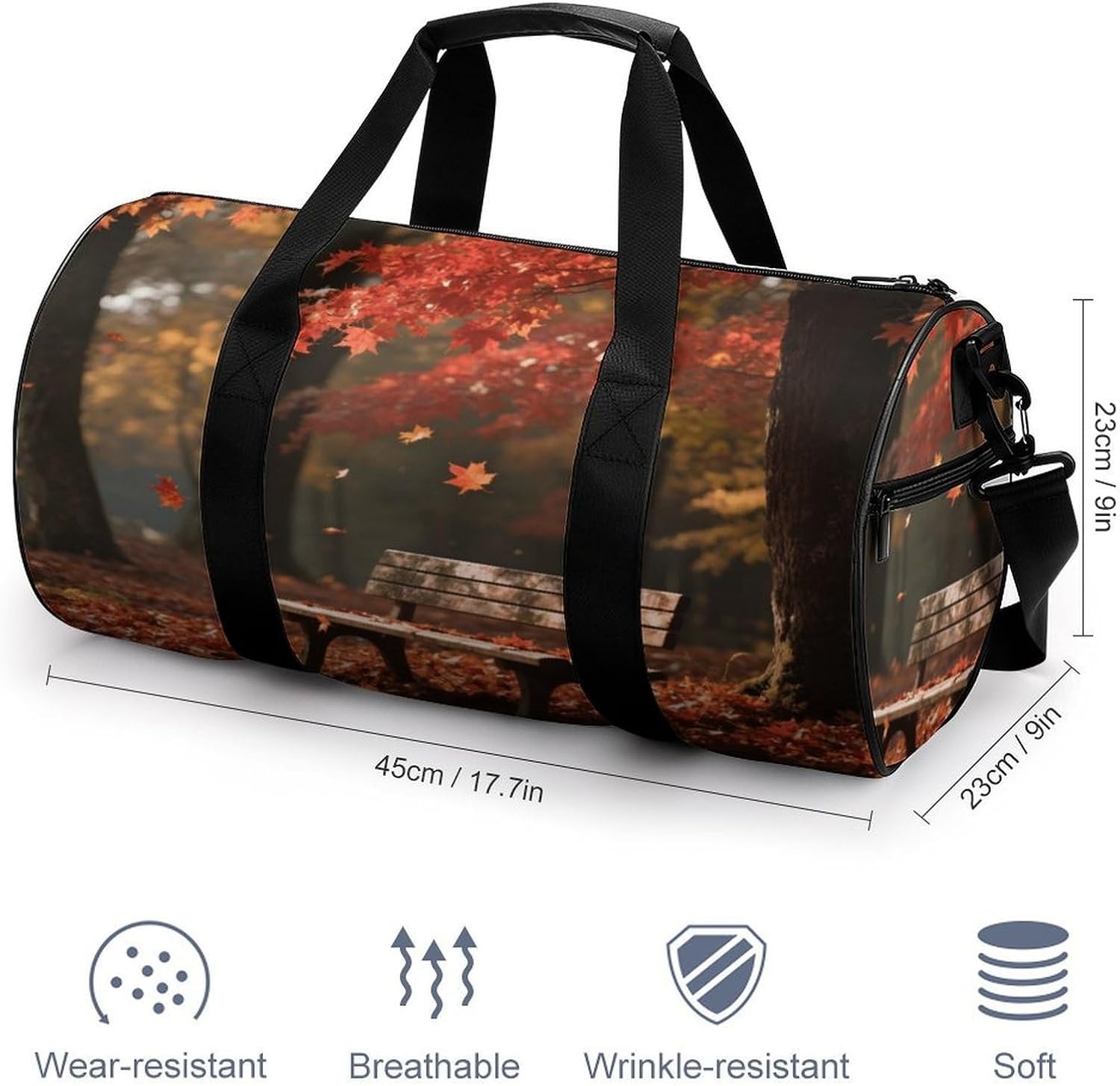 Old Bench in The Maple Forest Gym Bag Duffle Bags Weekender Overnight Bag image 2
