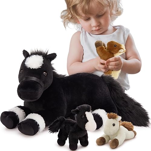Miniatura 8 de MaoGoLan Juego de 4 piezas de animales de peluche de caballo, caballo mamá de peluche grande con bebés poni de peluche para baby shower, poni de