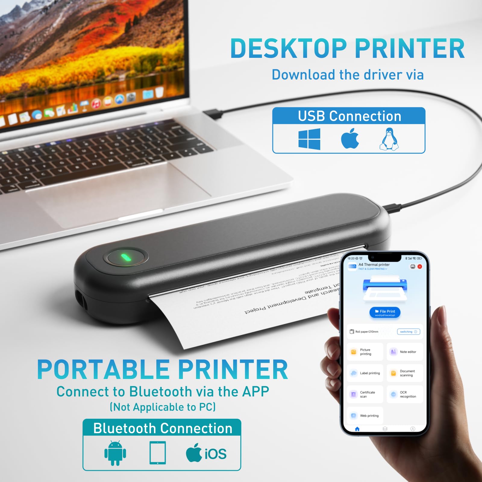 Bisofice L86 300dpi Impresora portátil A4 para viajes impresora térmica A4 impresora portátil Bluetooth impresora portátil compatible con papel térmico A4 de 2''/3''/4''/8'' compatible con Android/iOS