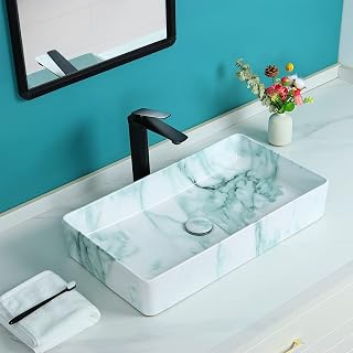 Davivy 23.6'' x 13.3'' Nordic Marbling Rectangle Vessel Sink with Pop Up Drain,Bathroom Vessel Sinks,Bathroom Sinks Above Counter,Counter top Sink,Ceramic Vessel Sink for bathrooms