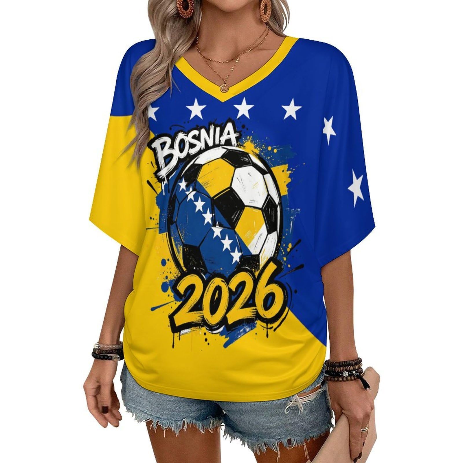 YNGWDCBF Womens England Football Shirt 2026 - World Soccer Cup Shirts Soft V Neck Ladies Clothes Tops Tshirt for Women Classic Lightweight Training Top,Dark Blue-Bosnia