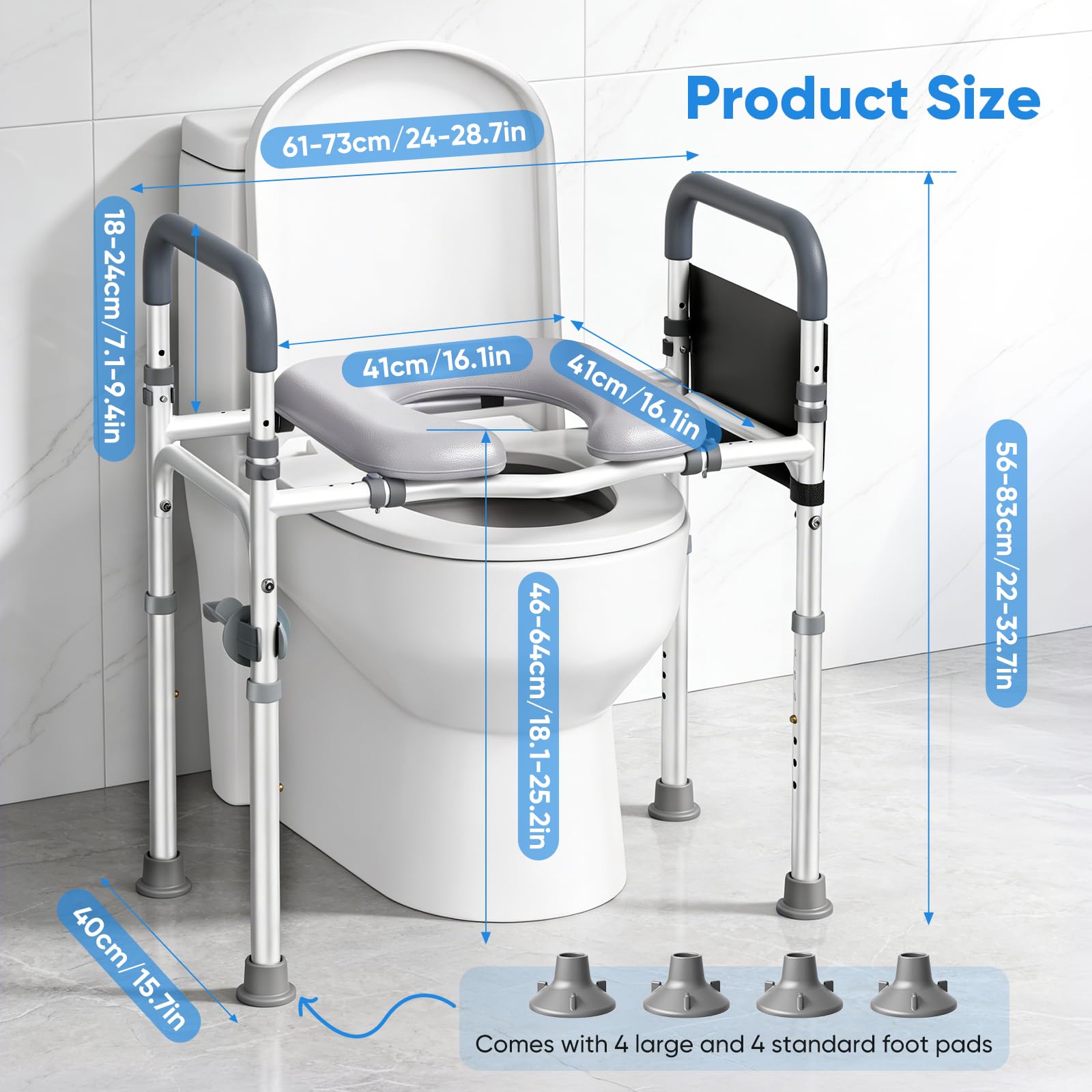 Rialzo WC per Anziani, Alzata per WC con Altezza e Larghezza Regolabili, Alza Water x Anziani con Braccioli per Anziani, Seduta Imbottita e Telaio in Alluminio, Adatto a Qualsiasi WC, Portata 150 kg