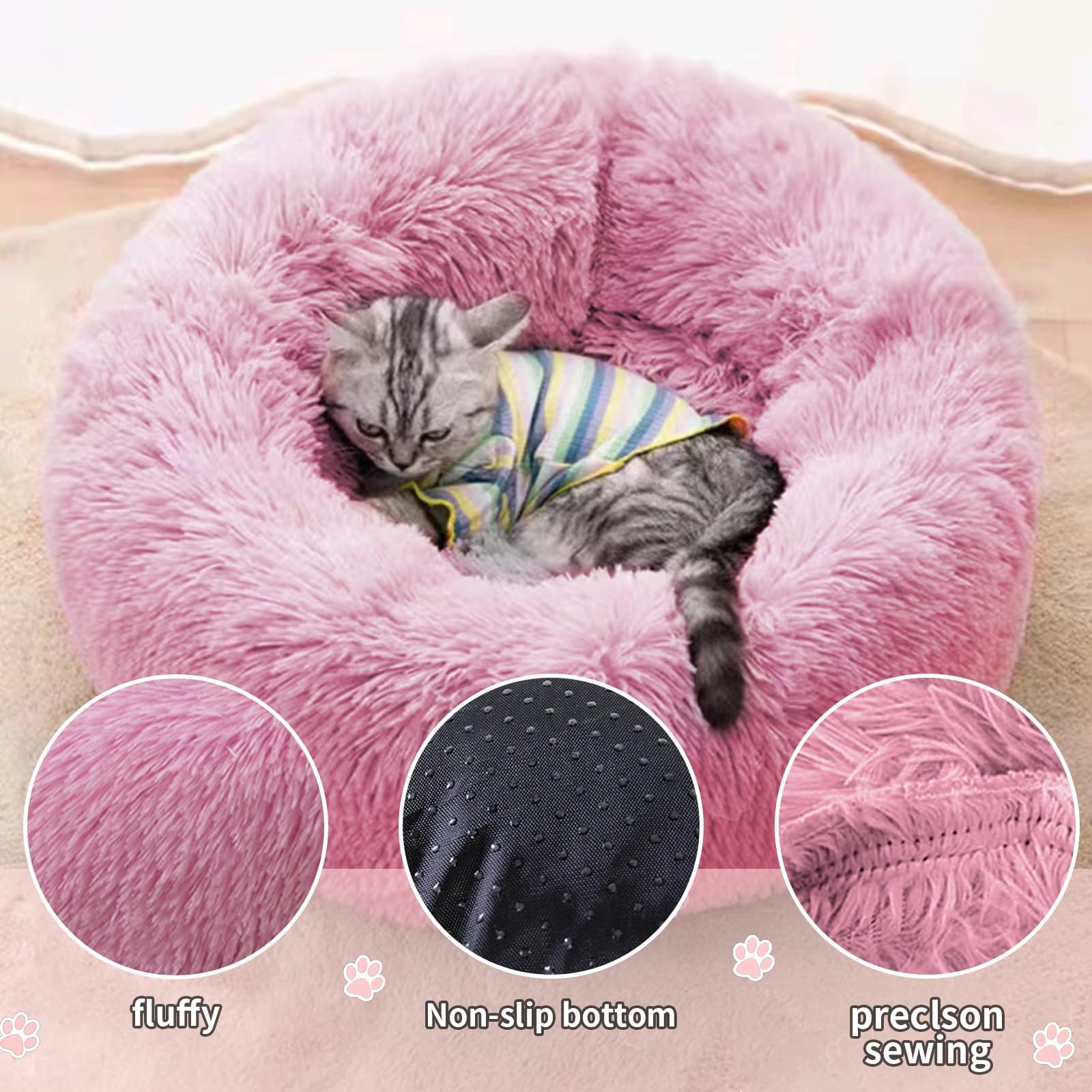 DONWEI Cuccia Gatto Morbida, Cuccia Cane Interno, Cuscino Gatto Peluche, Letto per Gatti Pelosa, Ciambell Antiscivolo, Lavabile in Lavatrice, Taglia Media Piccola, Rosa 70cm
