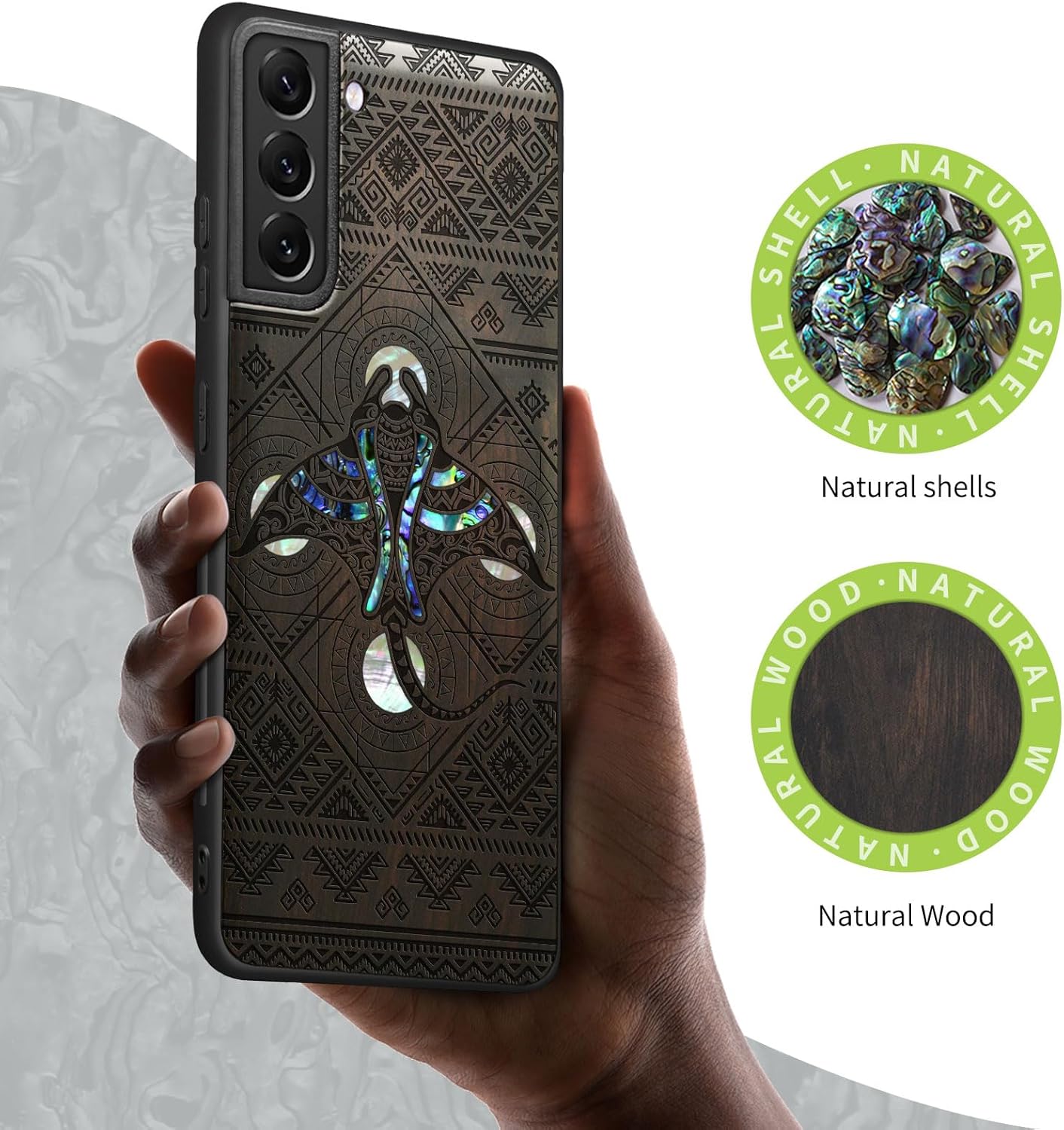 Carveit Designer Wooden Cover for Samsung Galaxy S22 Case [Wood Engraving & Shell Inlay] Compatible with Wireless Chargers S22 (The Tribal Manta Rays-Blackwood)