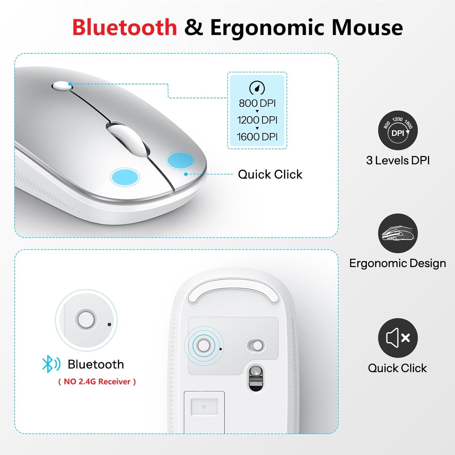 Wireless Keyboard and Mouse for Mac, 14 Media Shortcuts Keyboard with Adjustable DPI Mouse, Slim & Portable Design, Stable Bluetooth Connection, Silver-White,OMOTON