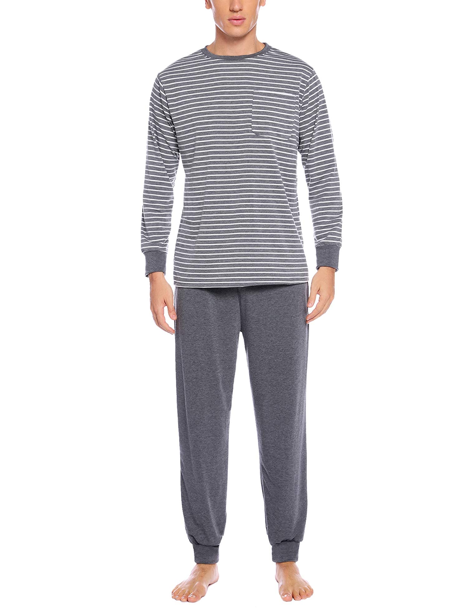 Sykooria Pijama Hombre Algodón Conjunto de Pijama de Manga Larga Ropa de Dormir 2 Piezas Conjunto de Pijama a Rayas y Pantalones Largos con Bolsillos S-3XL